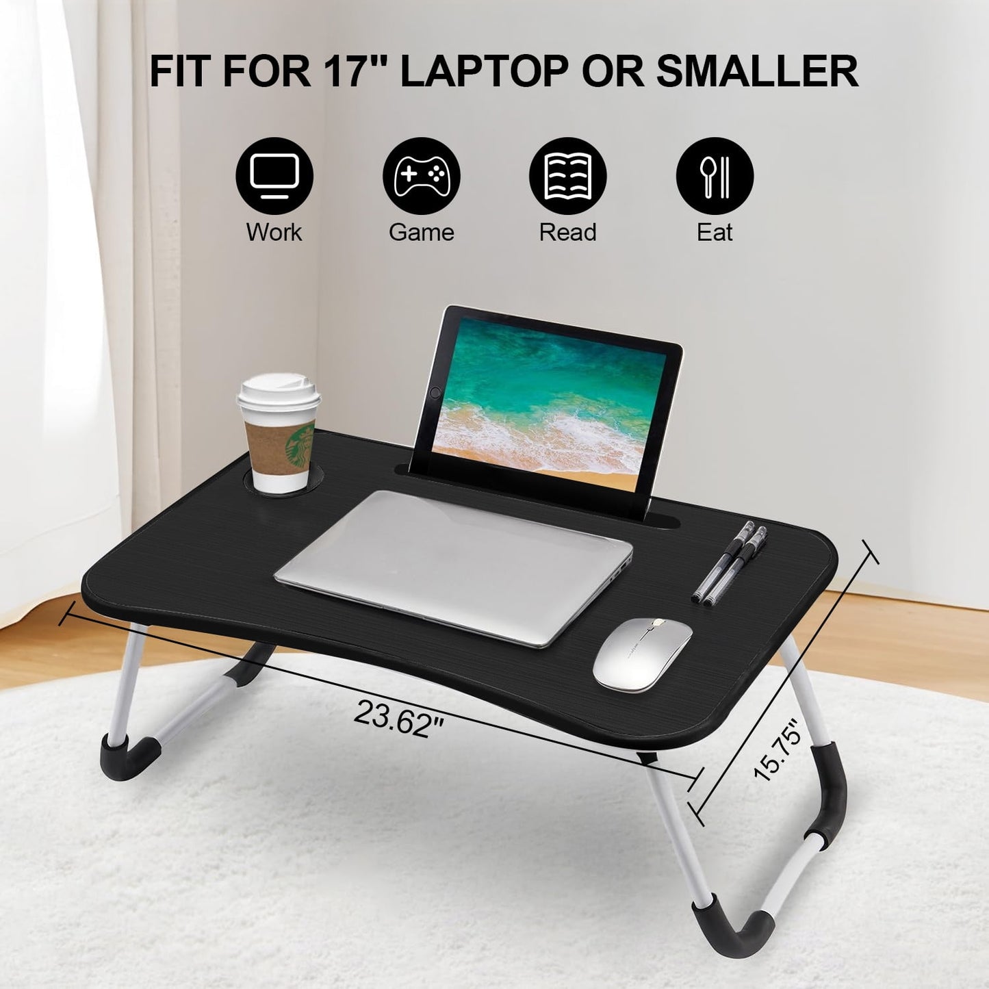 Foldable Lap Desk, 23.6 Inch Portable Wood Laptop Desk for Bed Sofa Reading Writing Eating Watching, Black