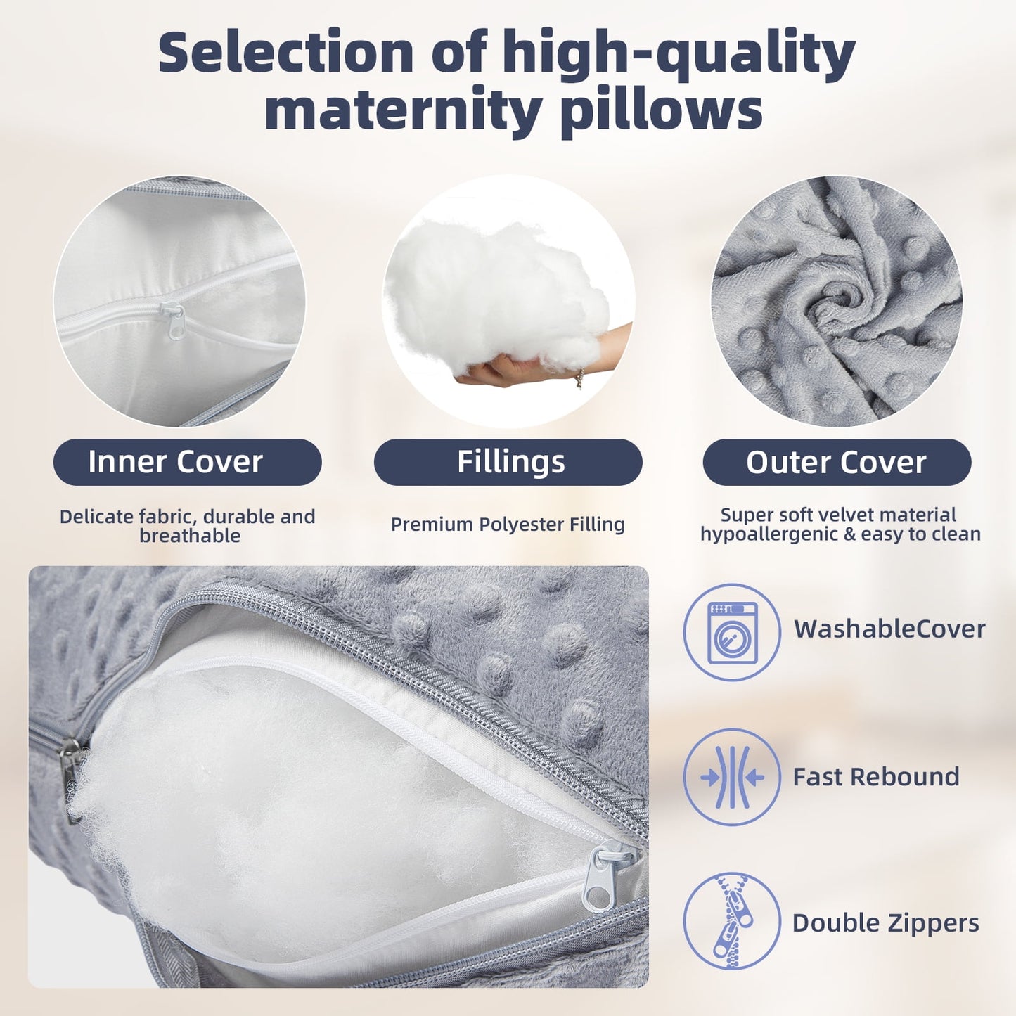 TORIO U-Shaped Pregnancy Pillow, Full Body Support for Pregnant Women, Relieves Back & Leg Pain, Perfect for Side, Stomach & Back Sleepers, Gray