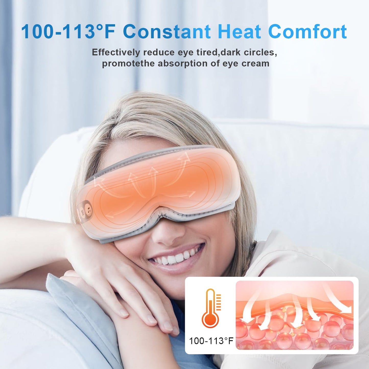 Kailwokk Eye Massager with Heat & Vibration – 5 Massage Modes, Bluetooth Music, Adjustable Headband Fathers Day Gifts - White