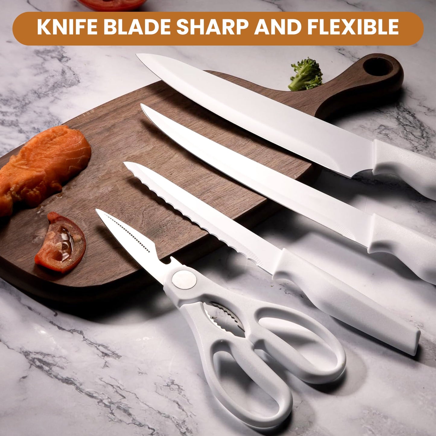 AMBLER Knife Sets, 15 Pcs Sets with Block Built-in Sharpener Kitchen Knife Stainless Steel White