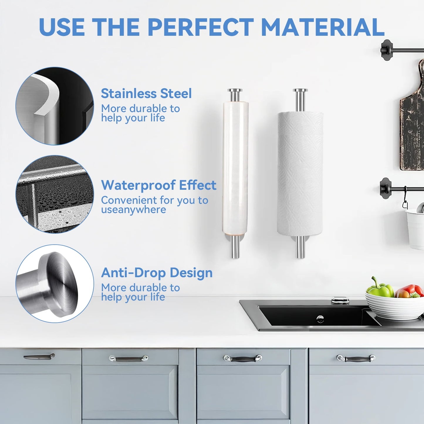 TORIO Rustproof Stainless Steel Paper Towel Holder,Self-Adhesive & Screw Mount, Modern Design for Kitchen & Bathroom