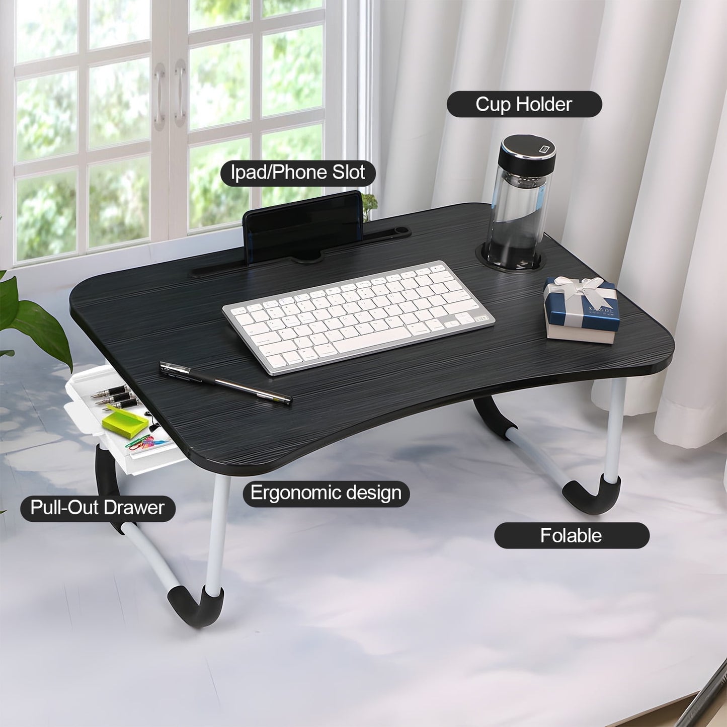 Foldable Lap Desk, 23.6 Inch Portable Wood Laptop Desk for Bed Sofa Reading Writing Eating Watching, Black