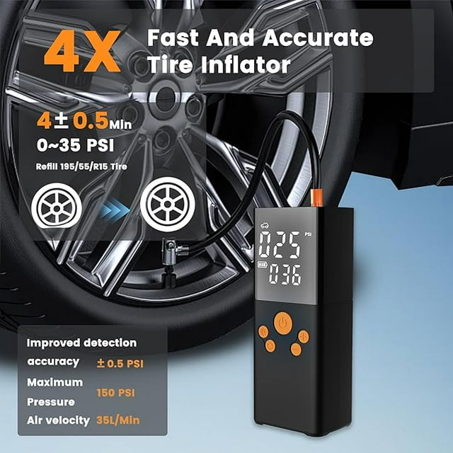 Torio Wireless Tire Inflator Portable Air Compressor, 150PSI, 4000mAh Auto Air Pump for Car Tires with Emergency Light and Rechargeable Bucket Function for Car Tires, Inflatable Toys, Balls