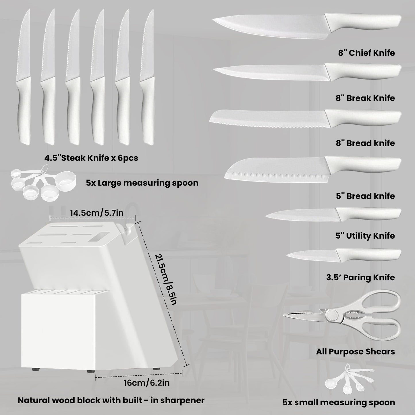 AMBLER Knife Sets, 15 Pcs Sets with Block Built-in Sharpener Kitchen Knife Stainless Steel White