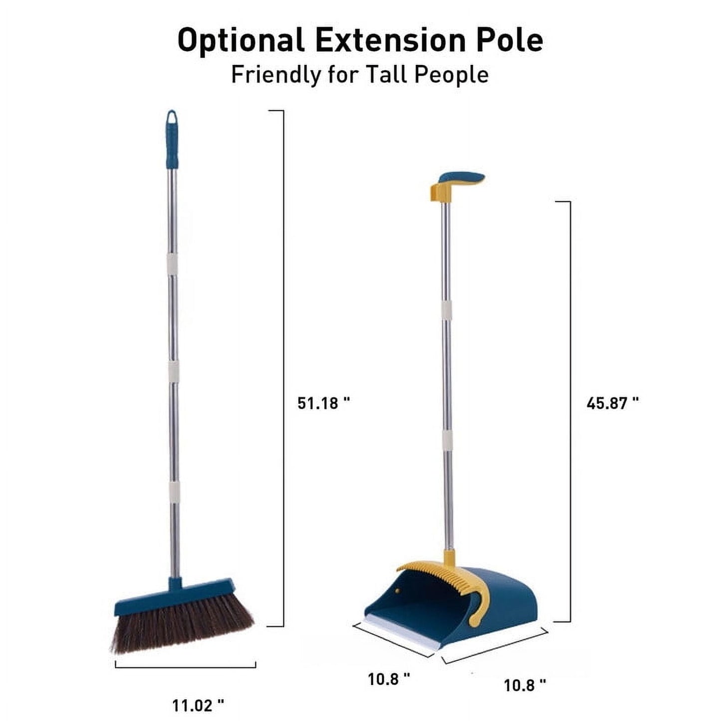 Broom and Dustpan Set, 51.2" Self-Cleaning with Dustpan Teeth for Pet Hair, Home, Kitchen, Blue