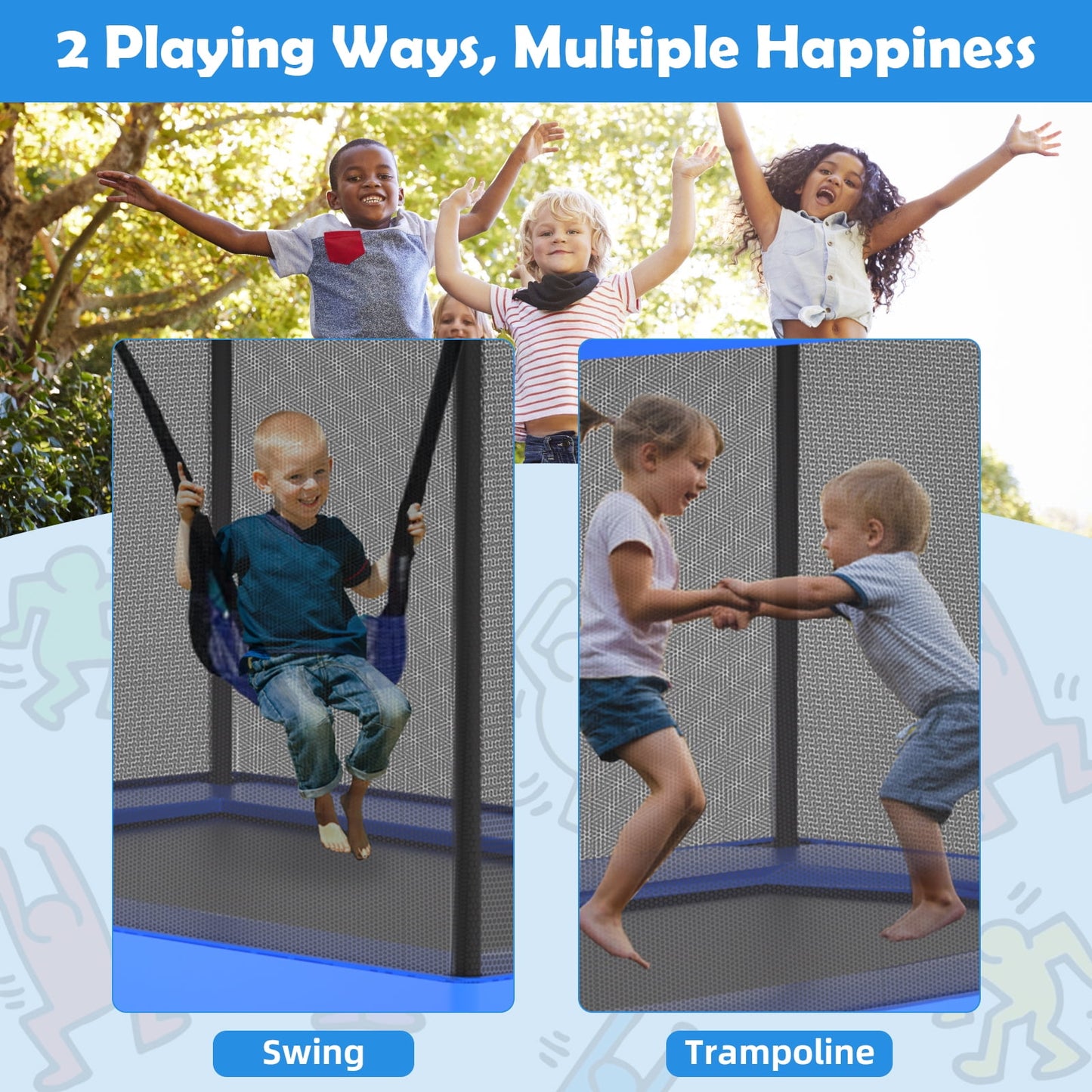 IJIL 6FT Kids Trampoline Outdoor with Swing,Rectangle Indoor Trampoline for Kids Toddlers Baby Outdoor Games,Blue