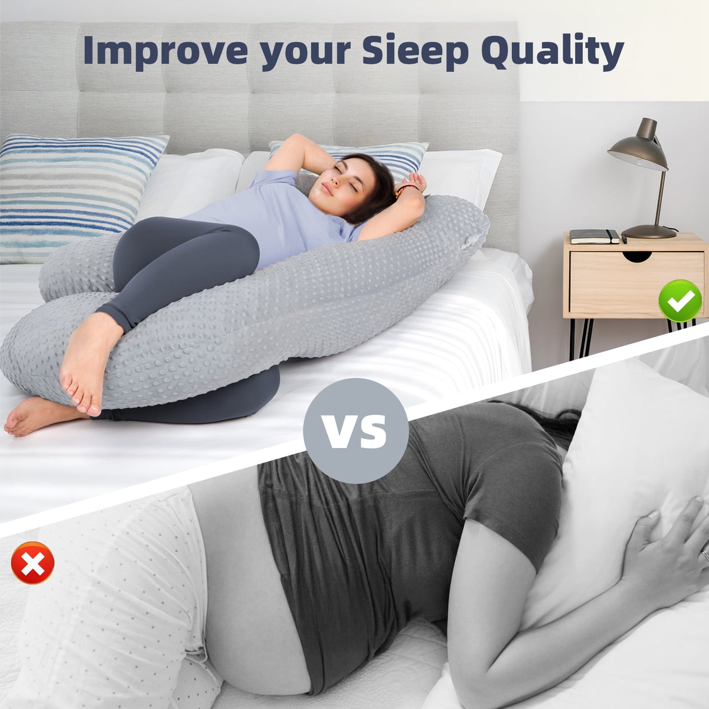 TORIO U-Shaped Pregnancy Pillow, Full Body Support for Pregnant Women, Relieves Back & Leg Pain, Perfect for Side, Stomach & Back Sleepers, Gray