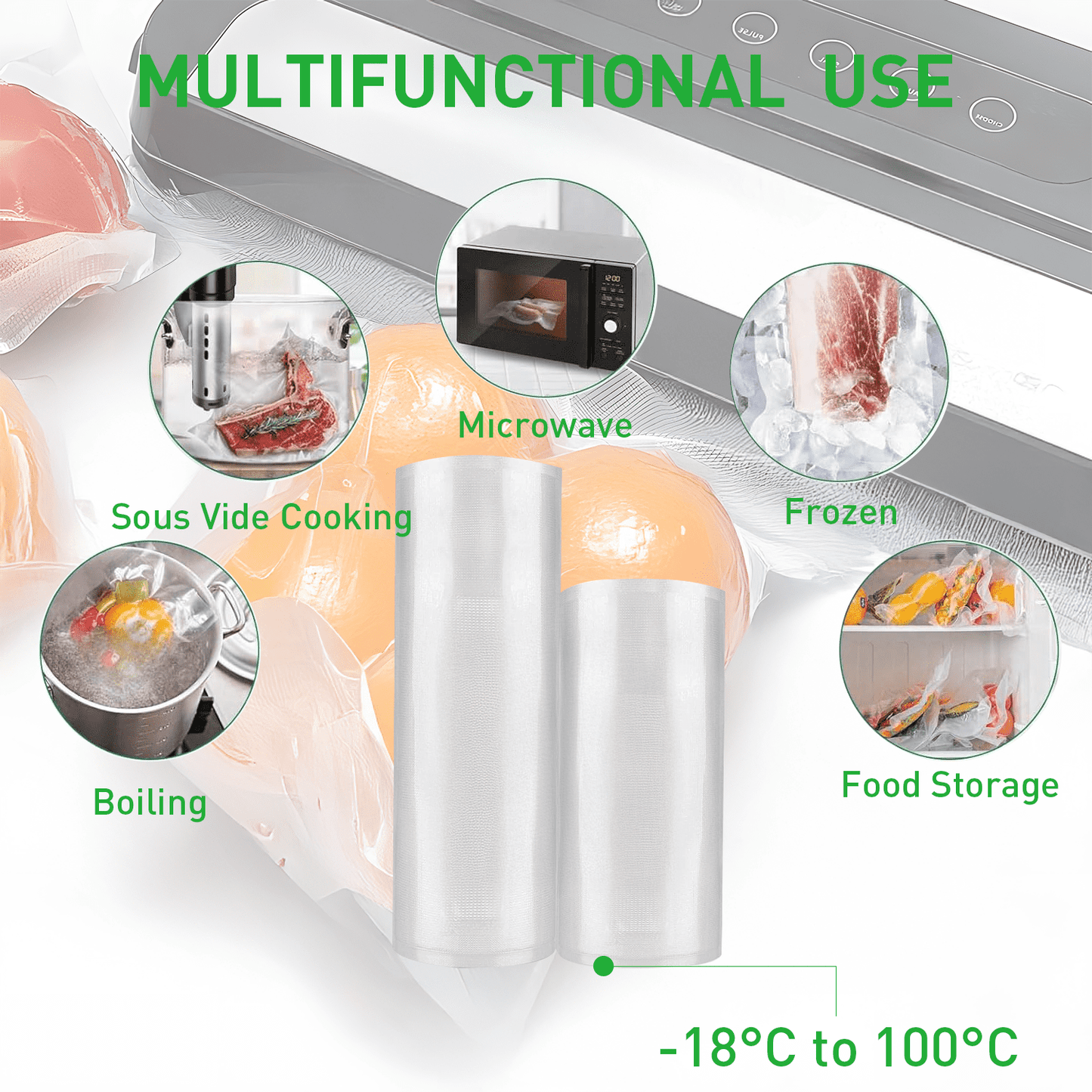Vacuum Sealer Bags,2 Pack 11" x 50',8" x 50' Vacuum Sealer Rolls for Food,BPA Free 100Ft Food Storage Bag,Clear