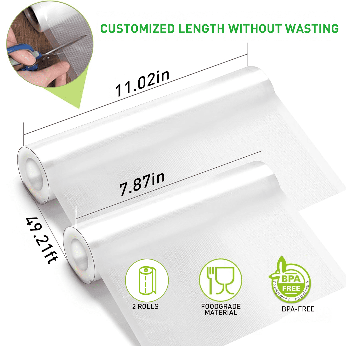 Vacuum Sealer Bags,2 Pack 11" x 50',8" x 50' Vacuum Sealer Rolls for Food,BPA Free 100Ft Food Storage Bag,Clear