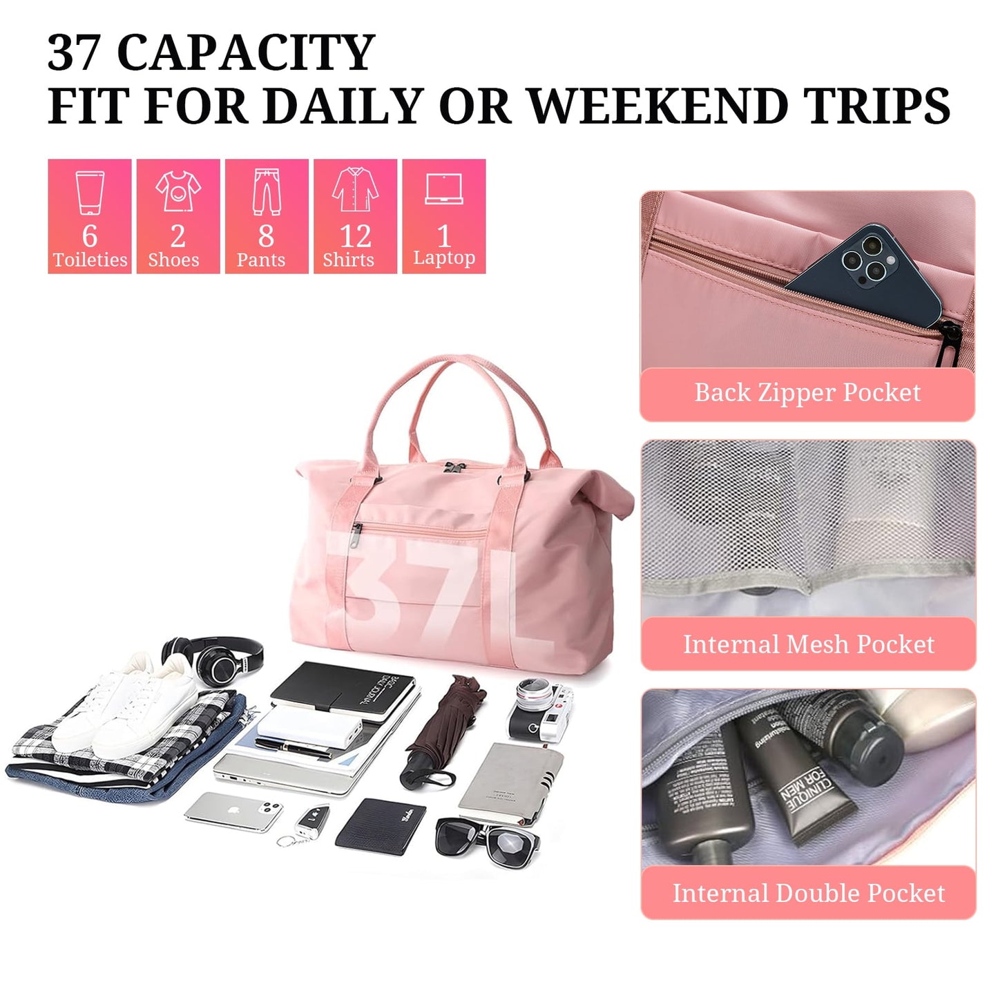 Travel Duffle Bag - Foldable Gym Bag for Women Men, Weekend Bag with Wet Pocket, Hospital Bags for Labor and Delivery, Airplane Travel Essentials for Flying(Pink)