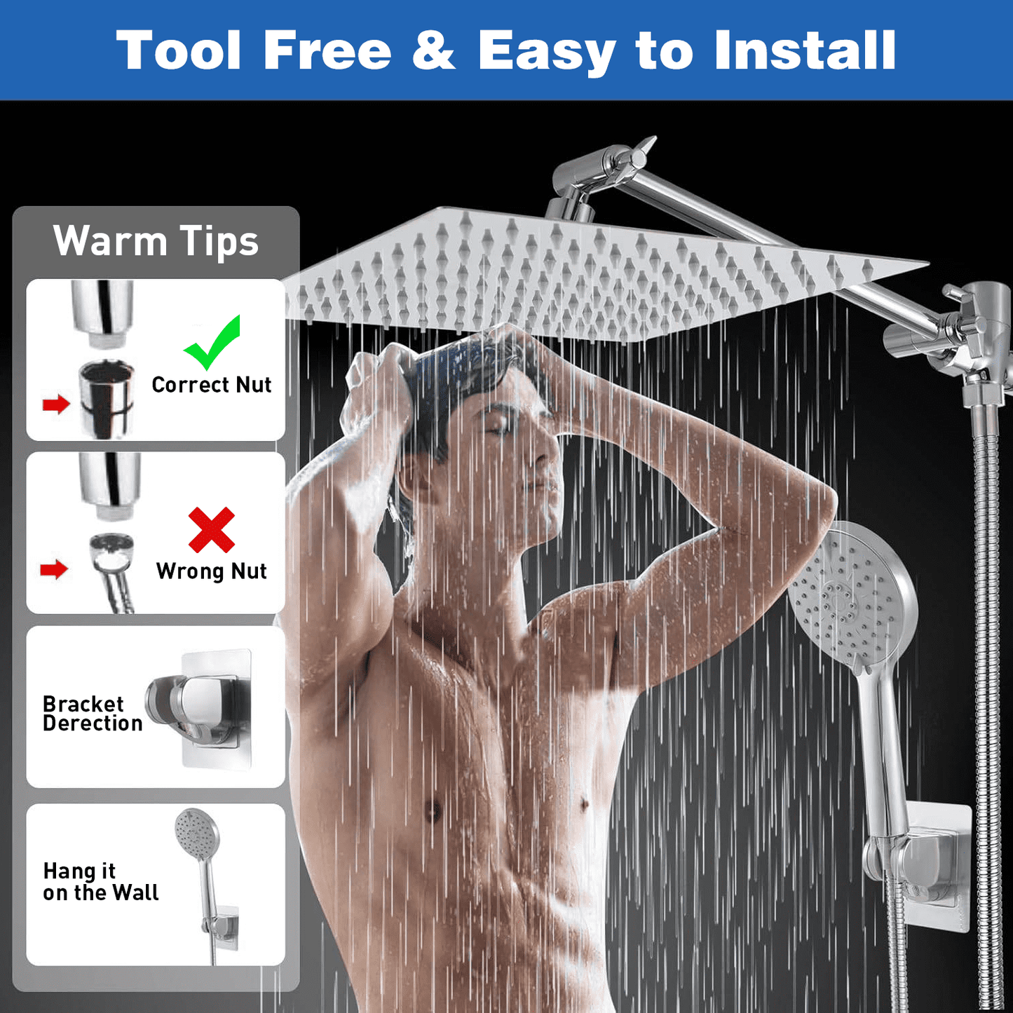 ATUPEN Shower Heads with Handheld Spray Combo, Rain Shower Head with Adjustable Extension Arm & 5 Settings Handheld