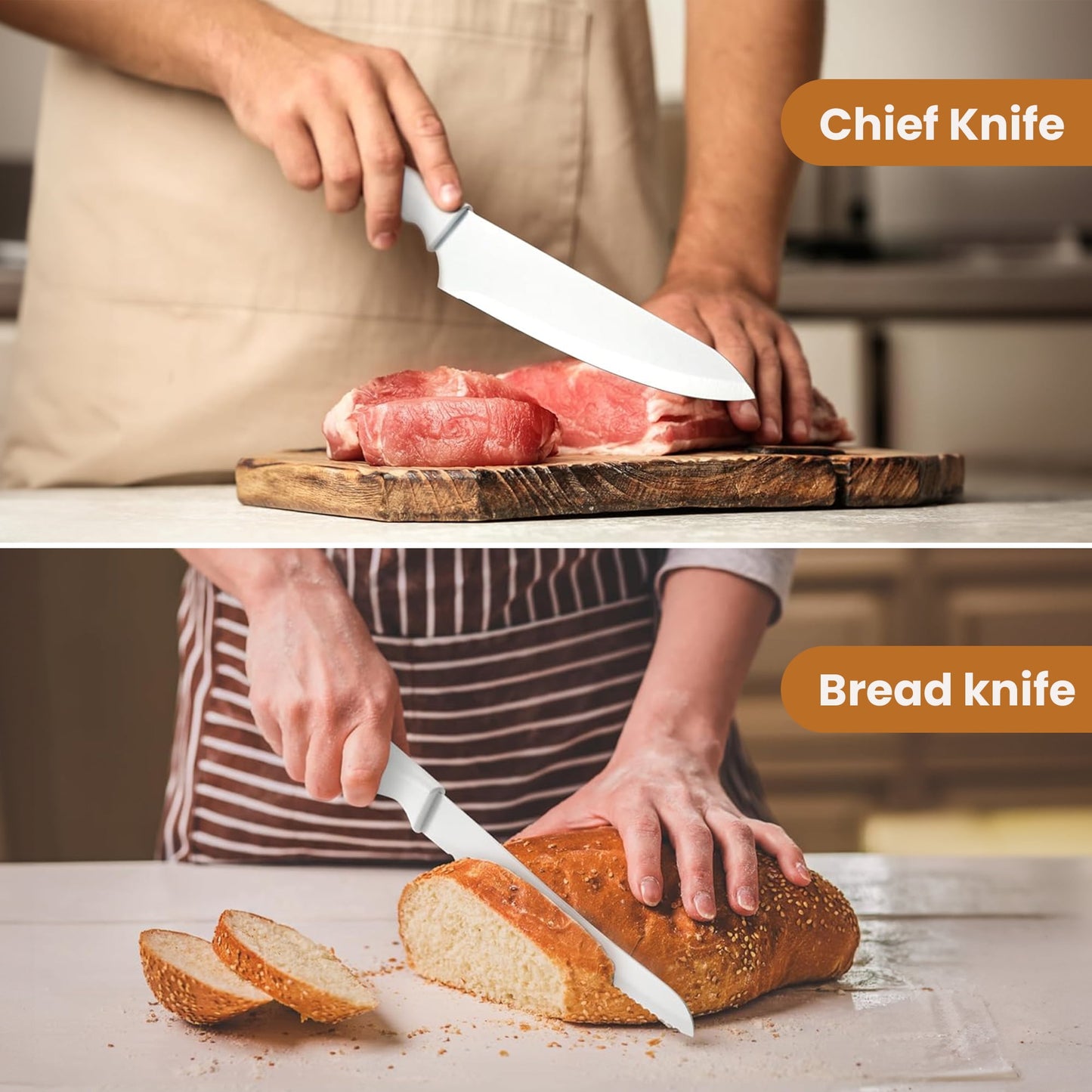 AMBLER Knife Sets, 15 Pcs Sets with Block Built-in Sharpener Kitchen Knife Stainless Steel White