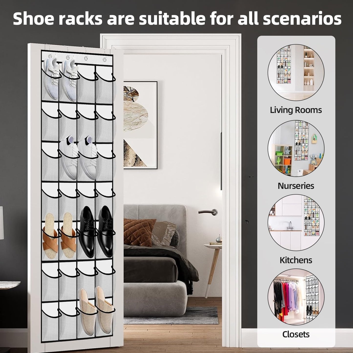 TORIO Over the Door Shoe Rack Organizer, 28 Large Pockets Hanging Shoe Organizer Adjustable & Easy to Install ¨C Space-Saving Storage for Small Spaces,White