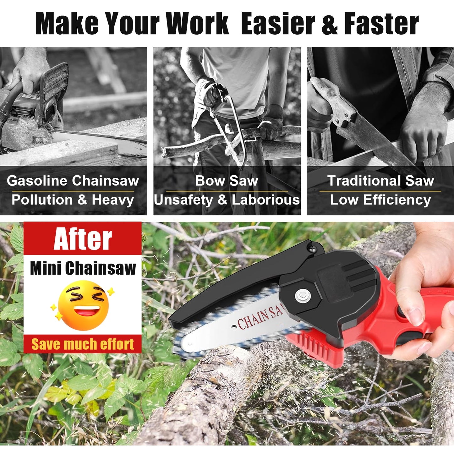 ATUPEN Mini 4” Battery Powered Chainsaw, 21V 1500mAh, Cordless, Lightweight, Safety Features