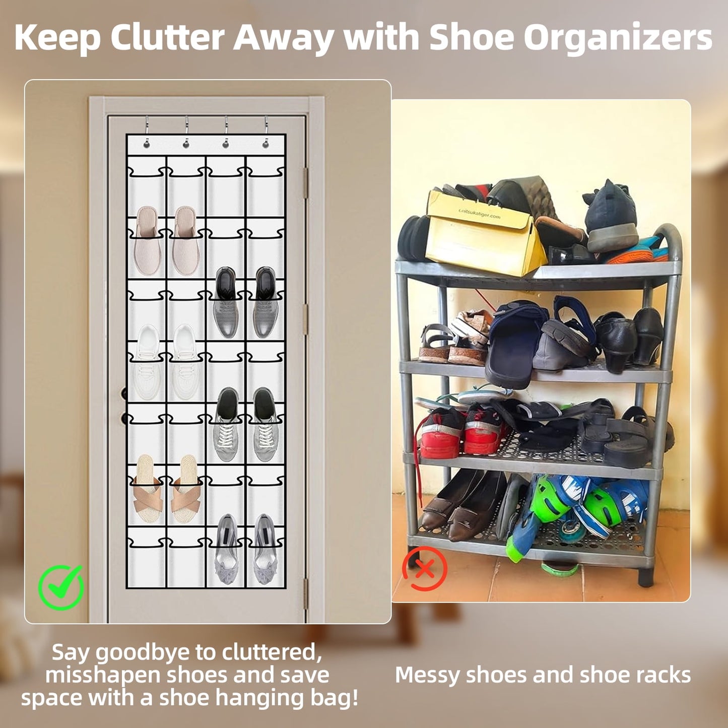 TORIO Over the Door Shoe Rack Organizer, 28 Large Pockets Hanging Shoe Organizer Adjustable & Easy to Install ¨C Space-Saving Storage for Small Spaces,White