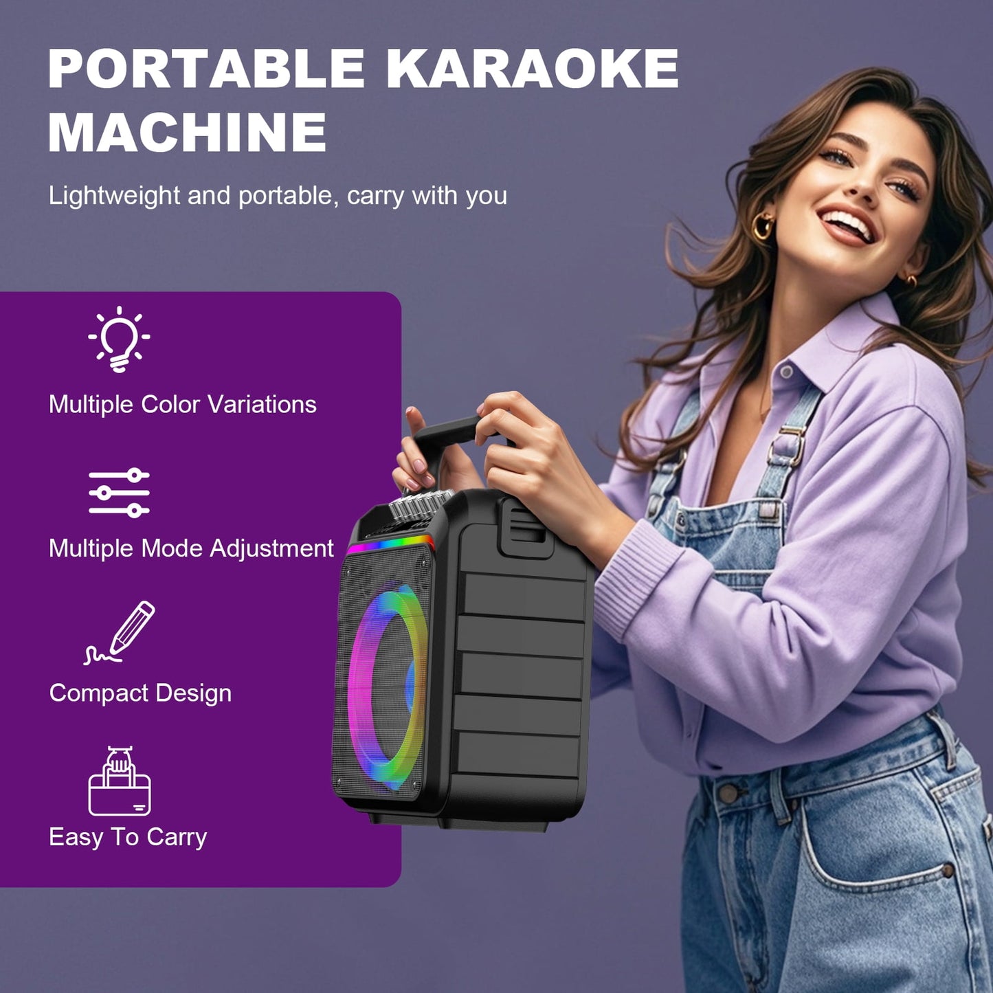 Karaoke Machine for Adults Kids - Portable Wireless Bluetooth Speaker with 2 Wireless Microphones, Supports for TWS, USB, FM, AUX in, TF Card, for Party, Meeting