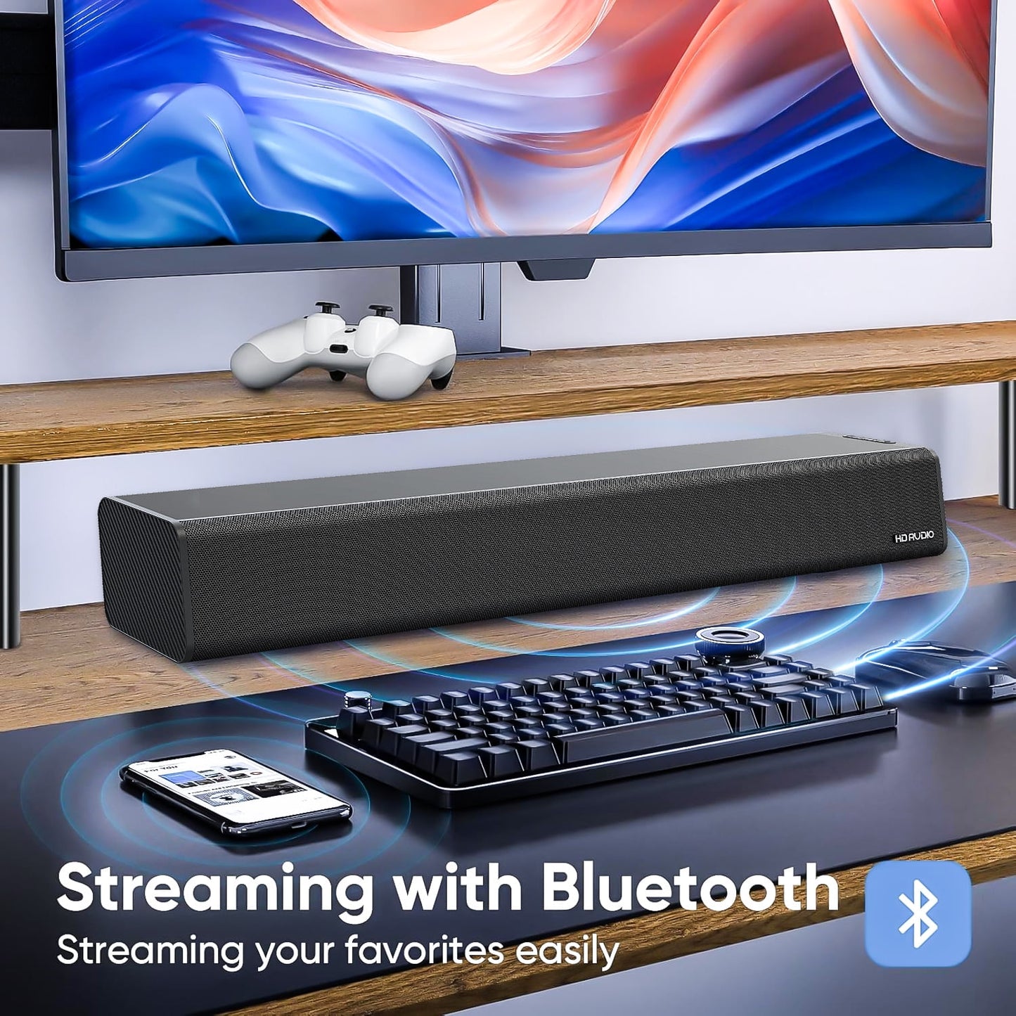 ETEPEHI Sound Bar for TV - 5.3 Bluetooth Soundbar Speaker with Bluetooth/Optical/AUX Connection for PC/Gaming/ /Projectors, 16"