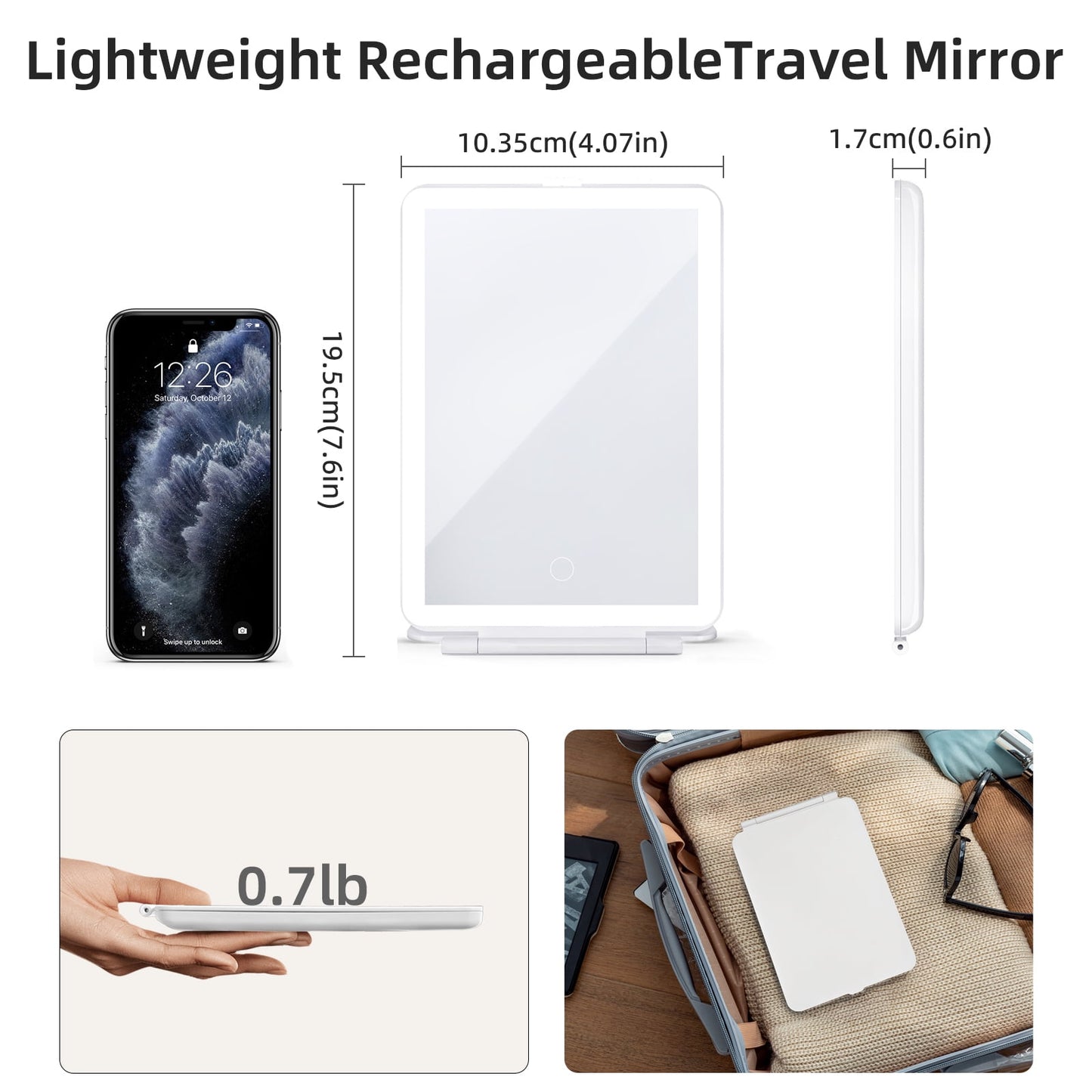 TORIO Portable Makeup Mirror with 72 LED Lights, USB Rechargeable, 3 Adjustable Light Settings – Perfect for Travel, Home, and Makeup Application