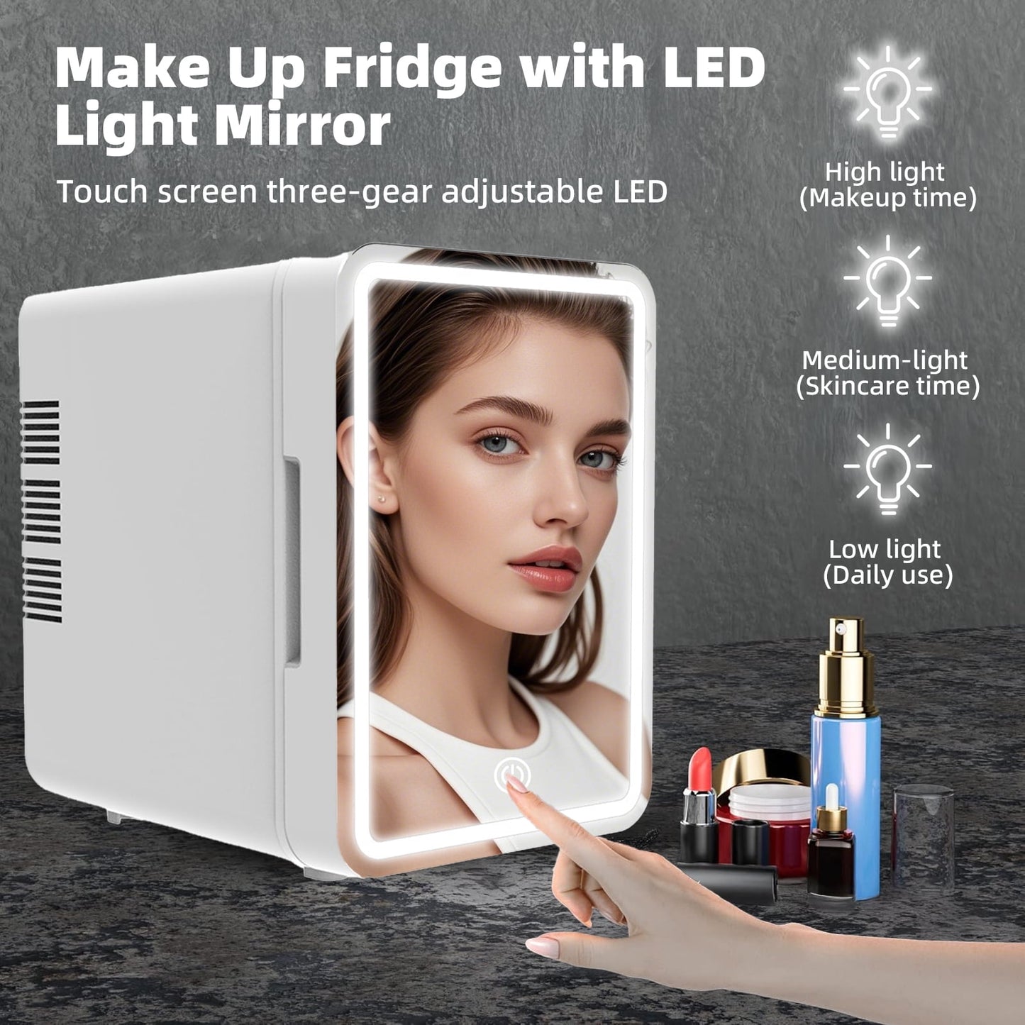 Skincare Fridge with Dimmable LED Light Mirror, 4L Compact Makeup Mini Fridge for Bedroom Car Office Dorm