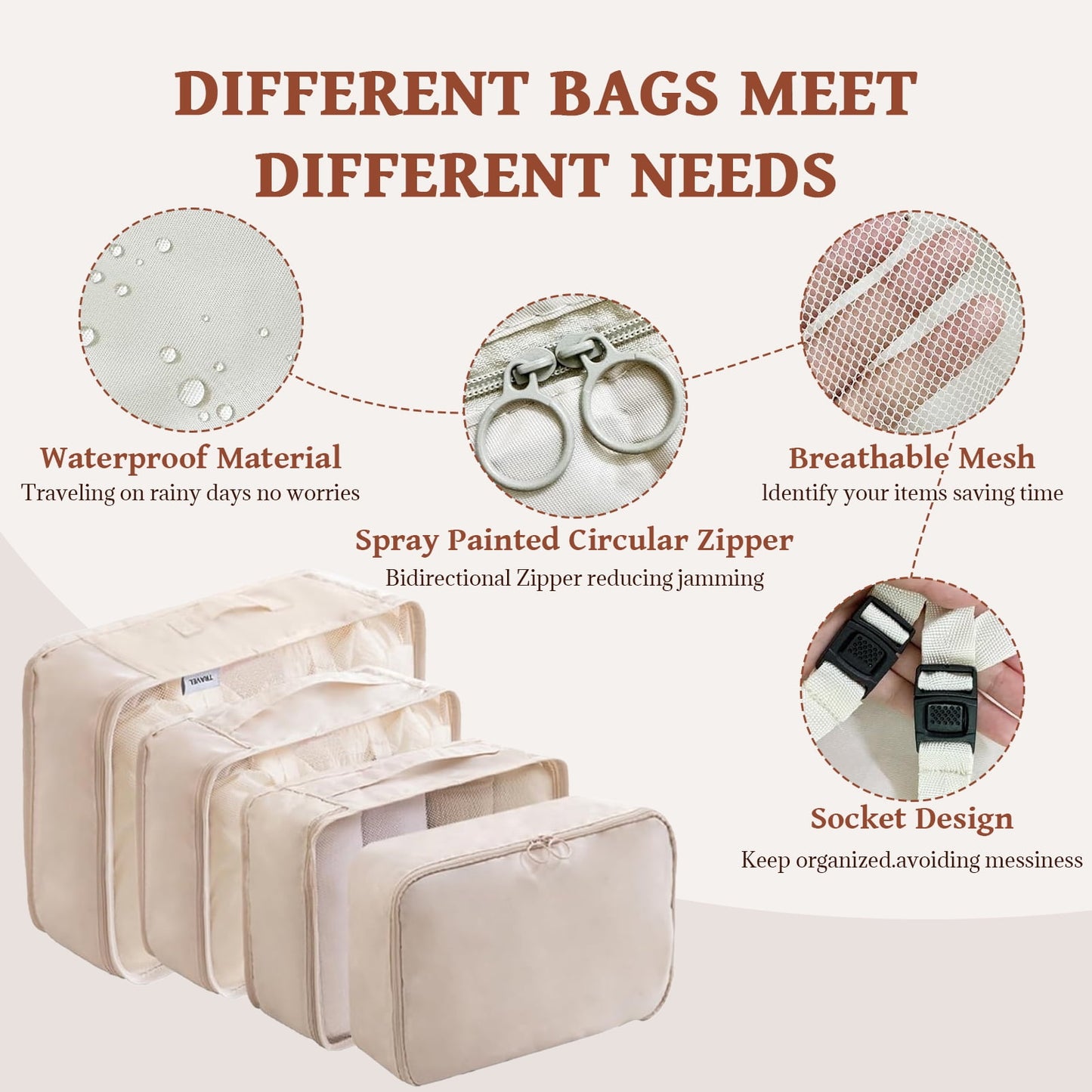 Packing Cubes - 9 PCS Travel Pouch Set, Compression Bags For Travel, Suitcase Essentials Organizer Bags Set, Beige