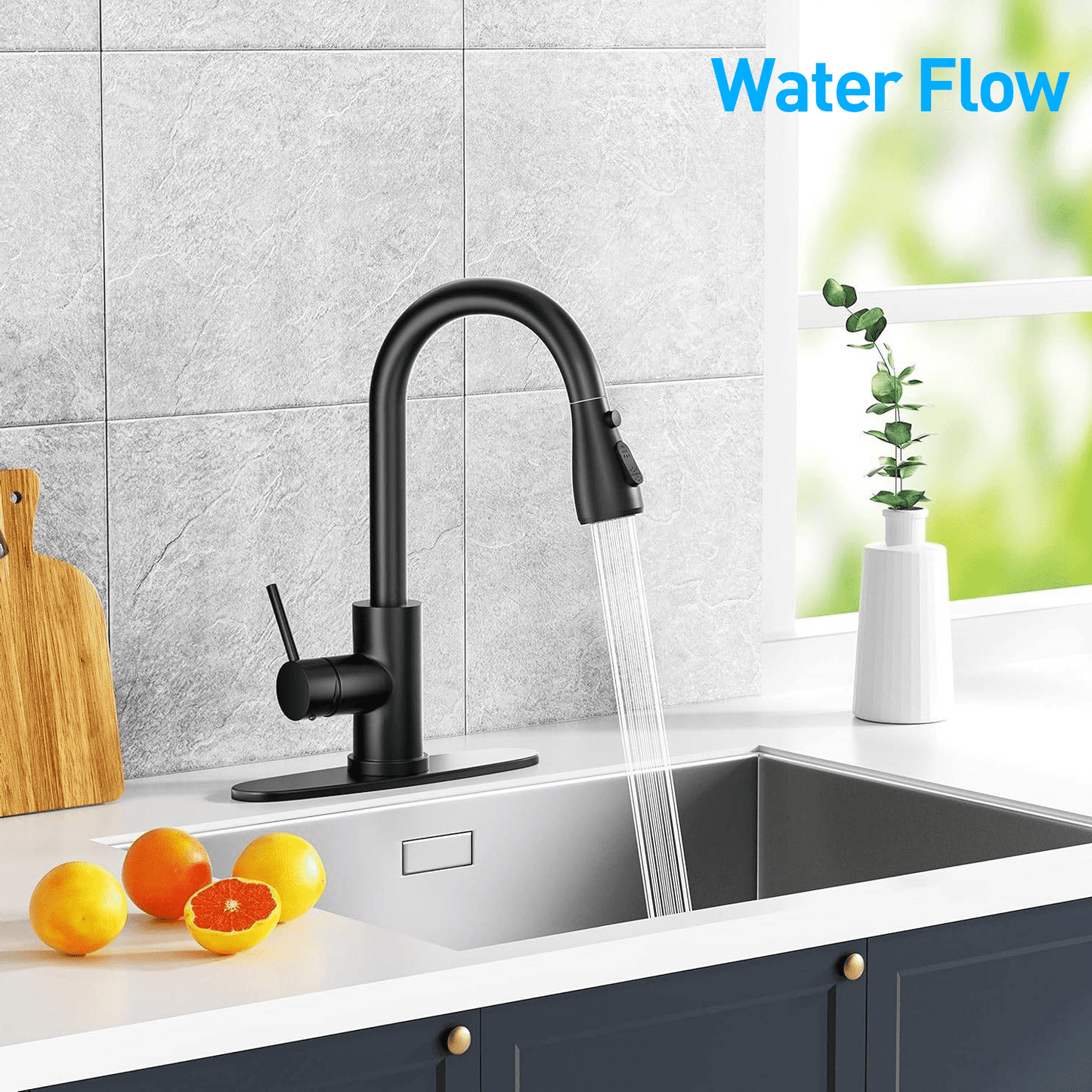 AMBLER Kitchen Faucet with Pull Down Sprayer, Kitchen Sink Faucet Two Water Flow Modes for Farmhouse Camper Laundry Utility Rv Wet Bar(Black)