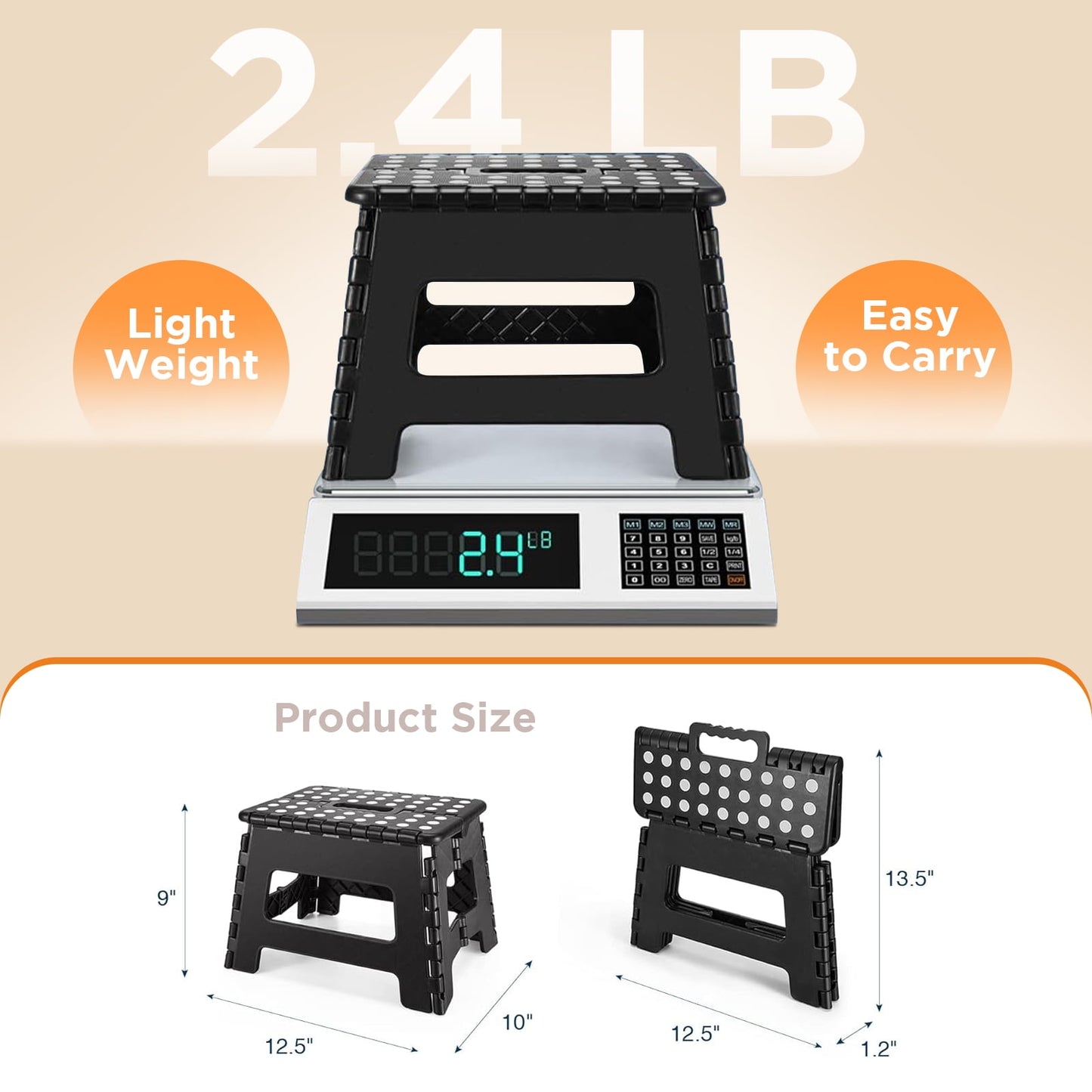 Kailwokk Folding Step Stool, 9'' Non-Slip Foldable Step Stool with Portable Handle for Adults and Kids Holds up to 300 lbs, Great for Kitchen, Bathroom or Bedroom (Black)