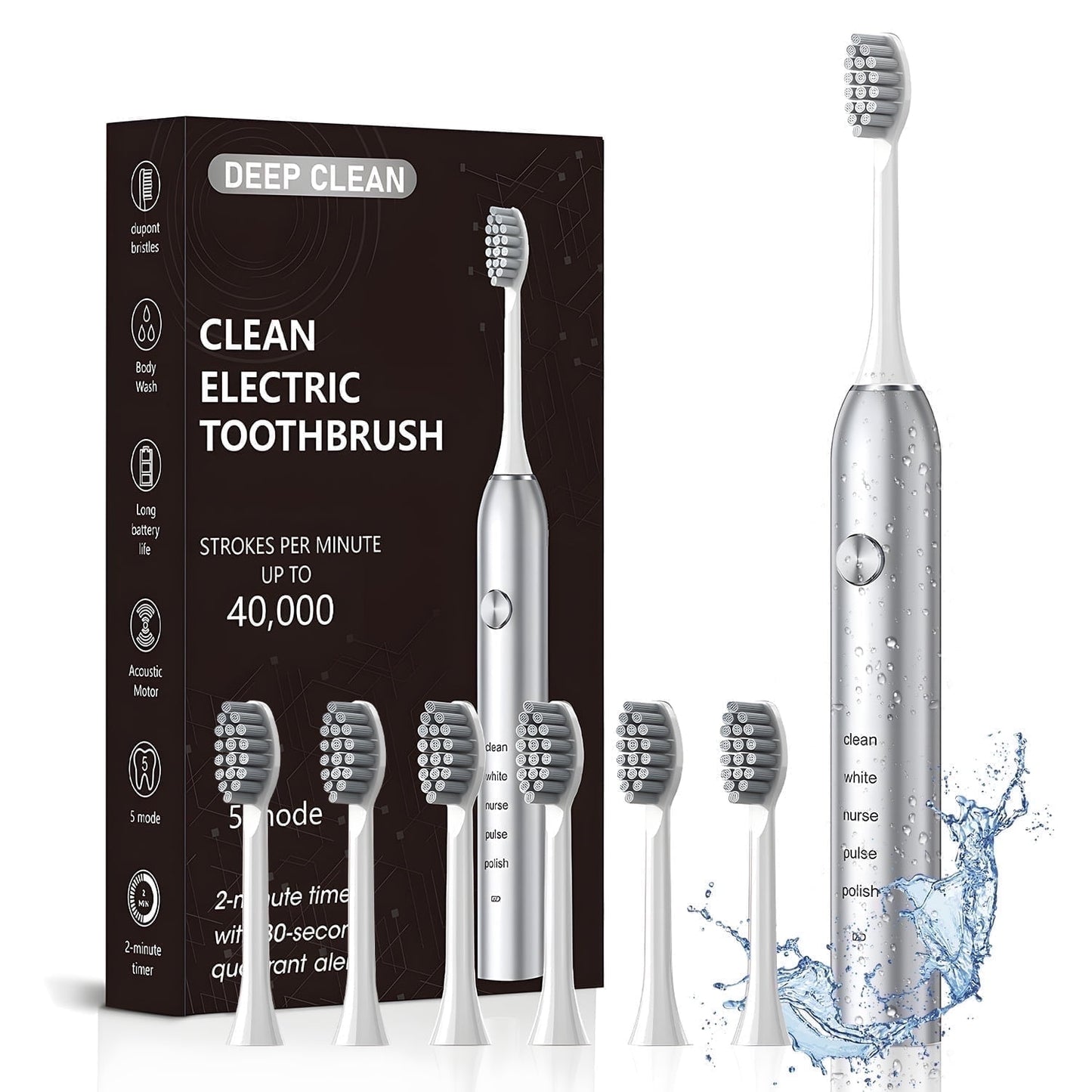 AMBLER Electric Toothbrush for Adults and Kids,40000 VPM Deep Clean 5 Modes 6 Brush Heads Smart Timer(White)