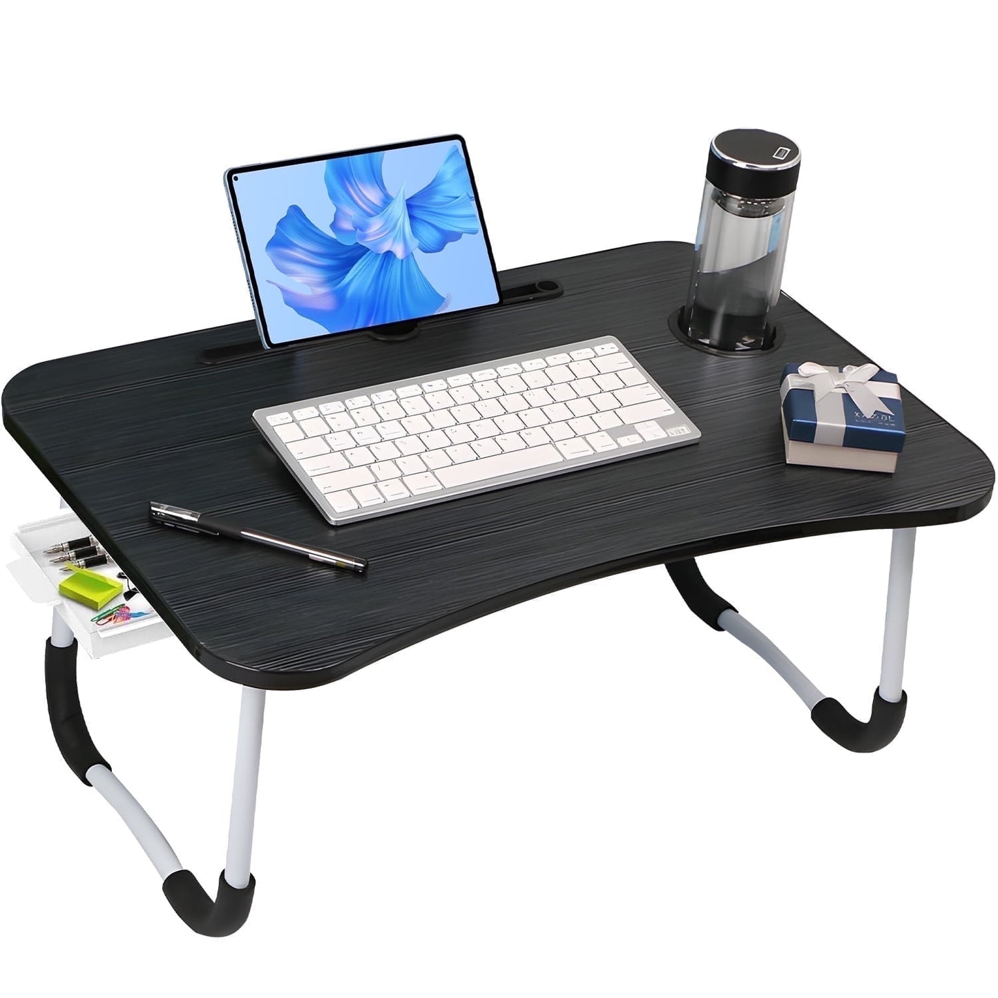 Foldable Lap Desk, 23.6 Inch Portable Wood Laptop Desk for Bed Sofa Reading Writing Eating Watching, Black
