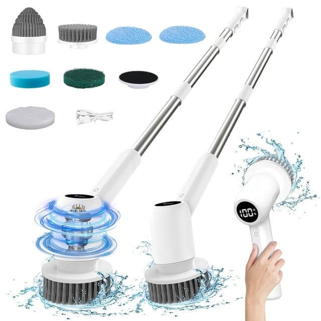 Electric Spin Scrubber, ATUPEN Cordless Shower Scrubber with 8 Replaceable Brush Heads for Cleaning Bathroom Kitchen Floor Tile Tub