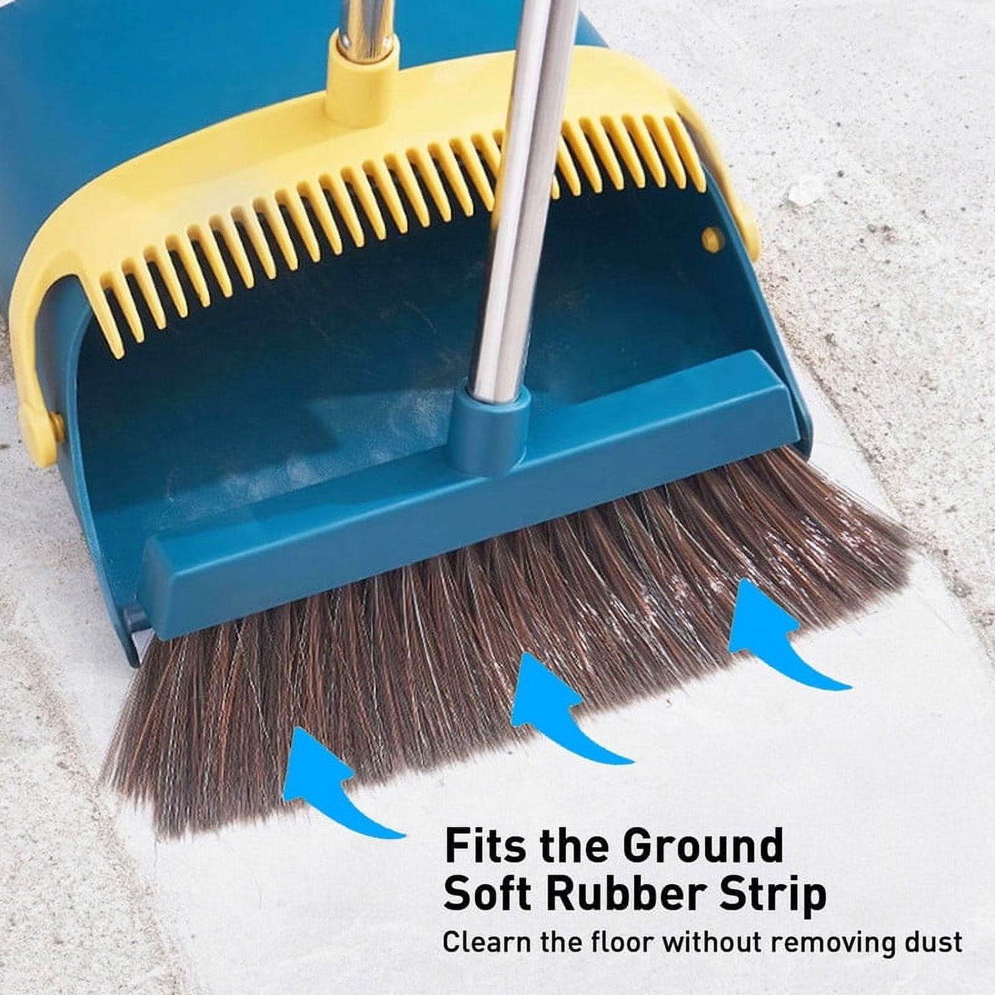 Broom and Dustpan Set, 51.2" Self-Cleaning with Dustpan Teeth for Pet Hair, Home, Kitchen, Blue