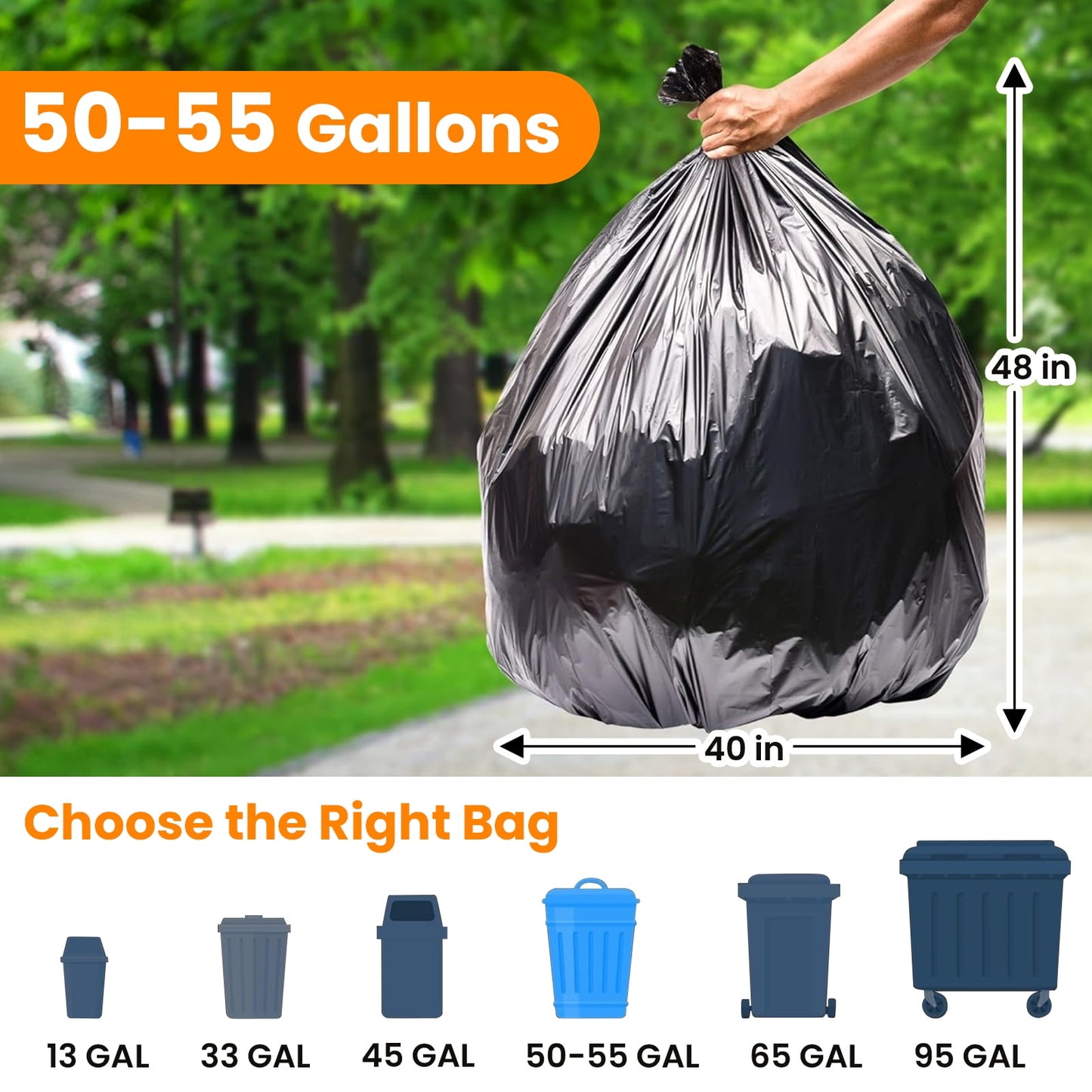 50-55 Gallon Large Trash Bags, 50 Count Heavy Duty Black Garbage Bags for Office, Waste, Lawn and Leaf, 1.5 Mil