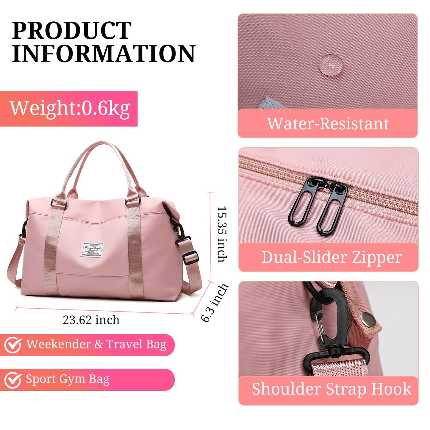 Travel Duffle Bag - Foldable Gym Bag for Women Men, Weekend Bag with Wet Pocket, Hospital Bags for Labor and Delivery, Airplane Travel Essentials for Flying(Pink)