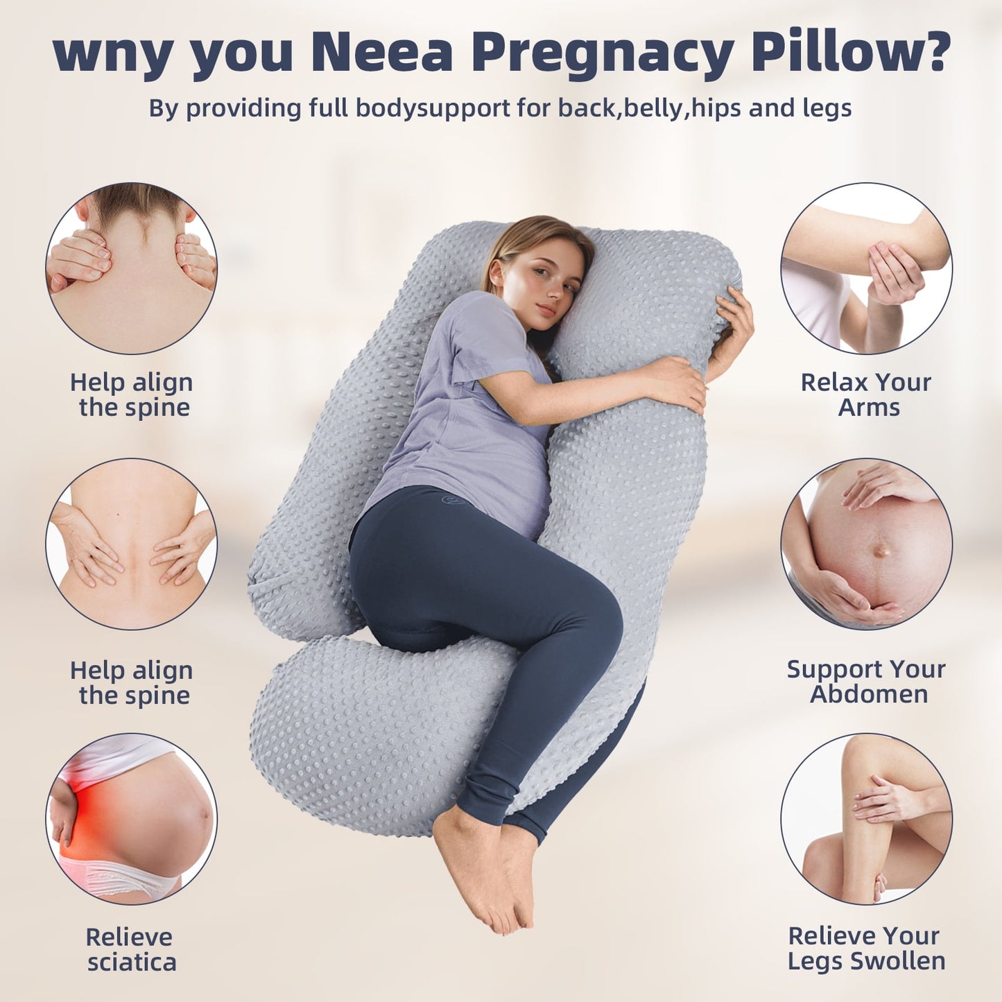TORIO U-Shaped Pregnancy Pillow, Full Body Support for Pregnant Women, Relieves Back & Leg Pain, Perfect for Side, Stomach & Back Sleepers, Gray