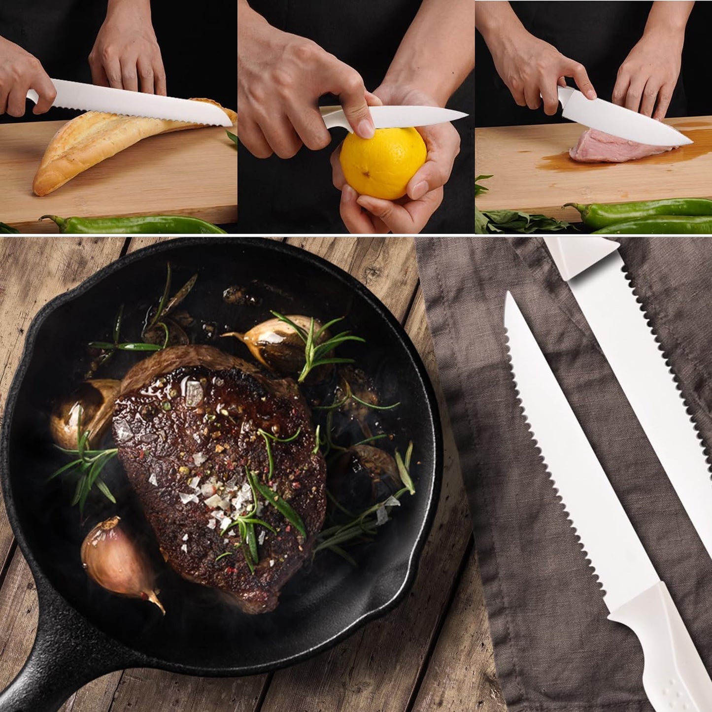 AMBLER Knife Sets, 15 Pcs Sets with Block Built-in Sharpener Kitchen Knife Stainless Steel White