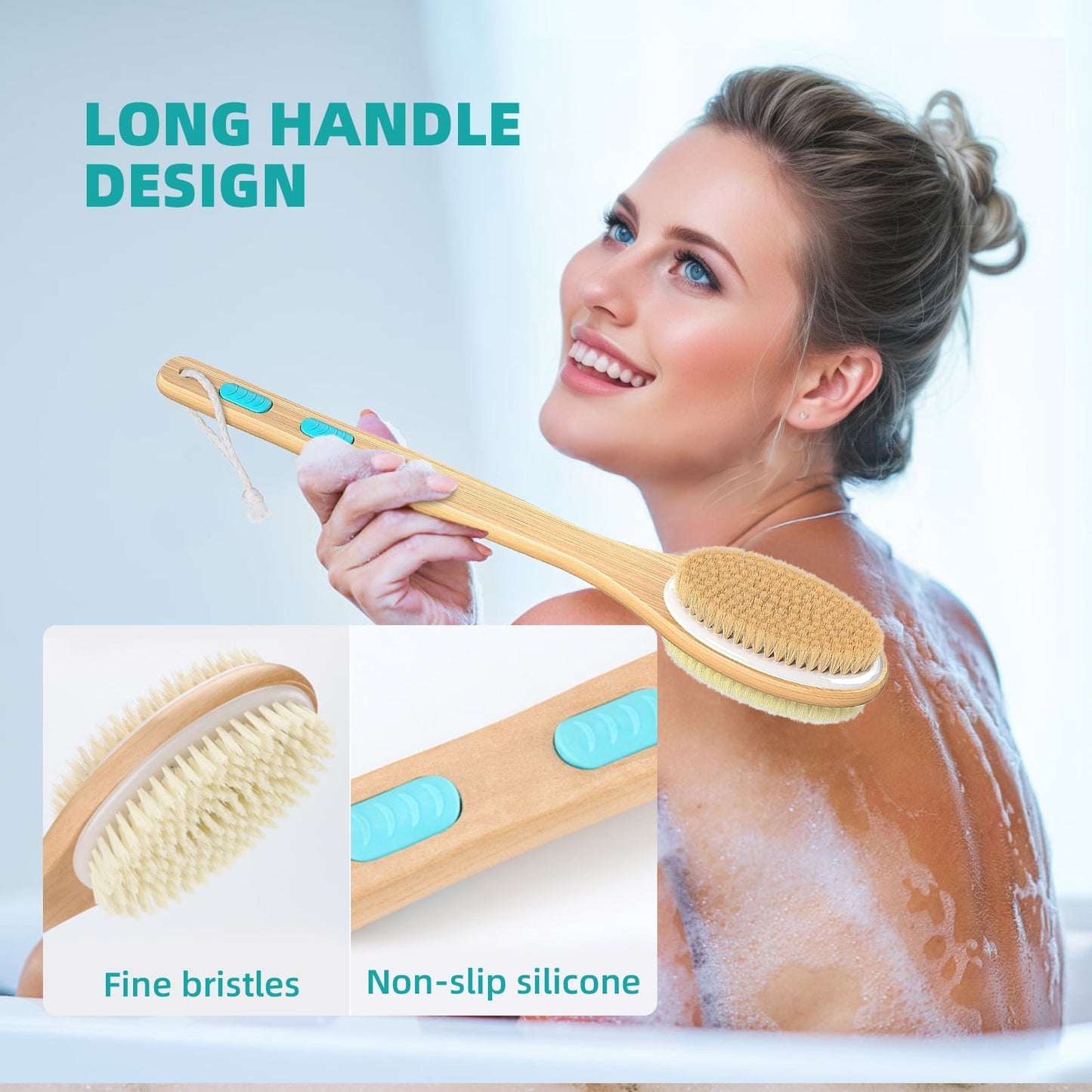 Torio Long Handled,Shower Brush with Dual Sided Massage Head Deep Clean and Relaxation for All Ages