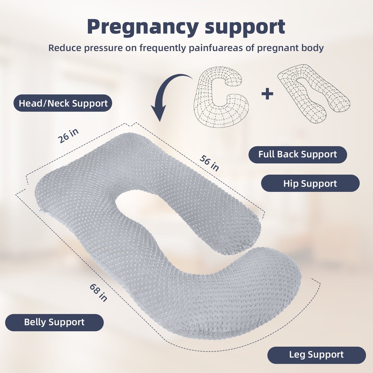 TORIO U-Shaped Pregnancy Pillow, Full Body Support for Pregnant Women, Relieves Back & Leg Pain, Perfect for Side, Stomach & Back Sleepers, Gray