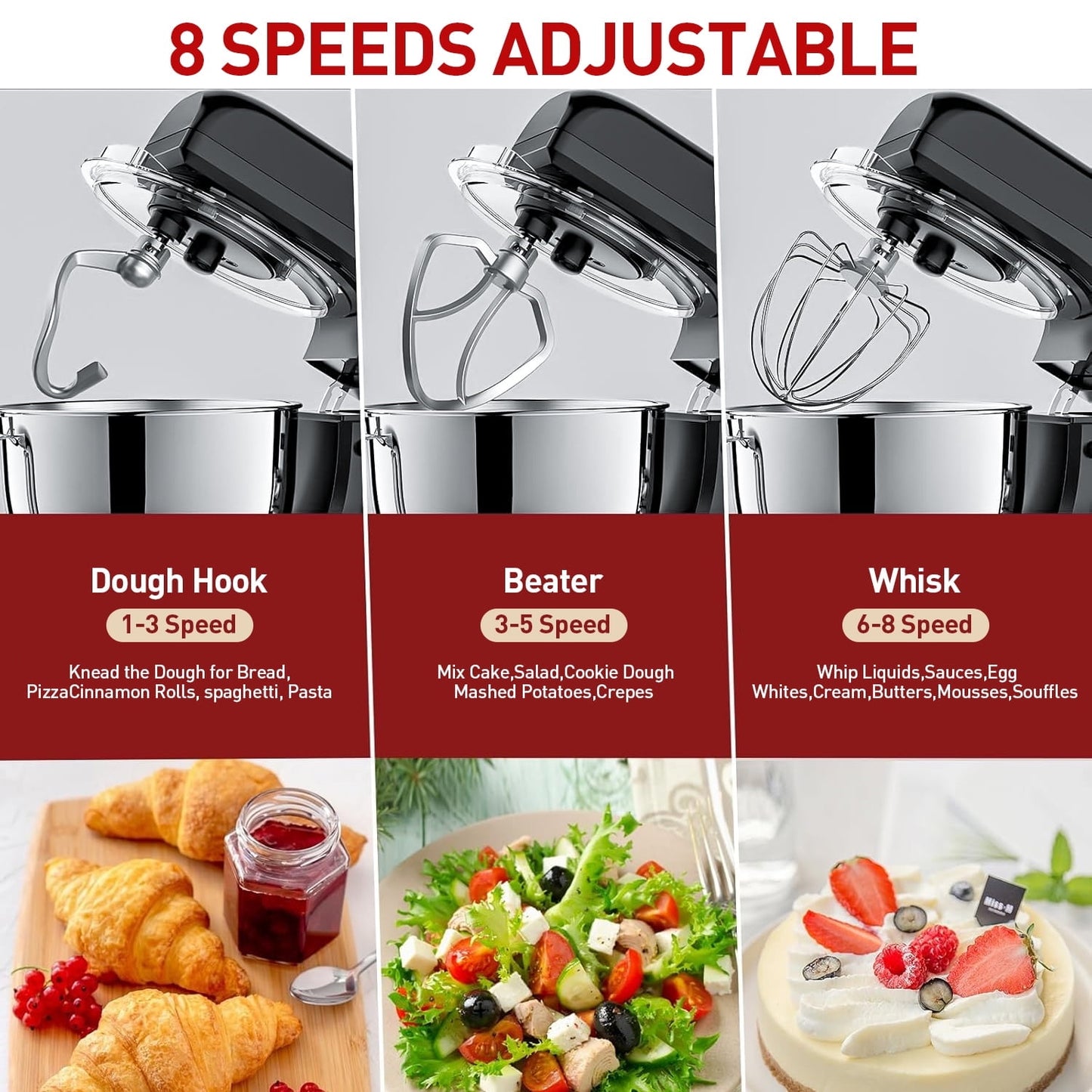 5.3Qt Kitchen Stand Mixer, 8 Speeds Electric Mixer for Sugar Frosting, Meringue Frosting, Food Mixer for Baking, Cake
