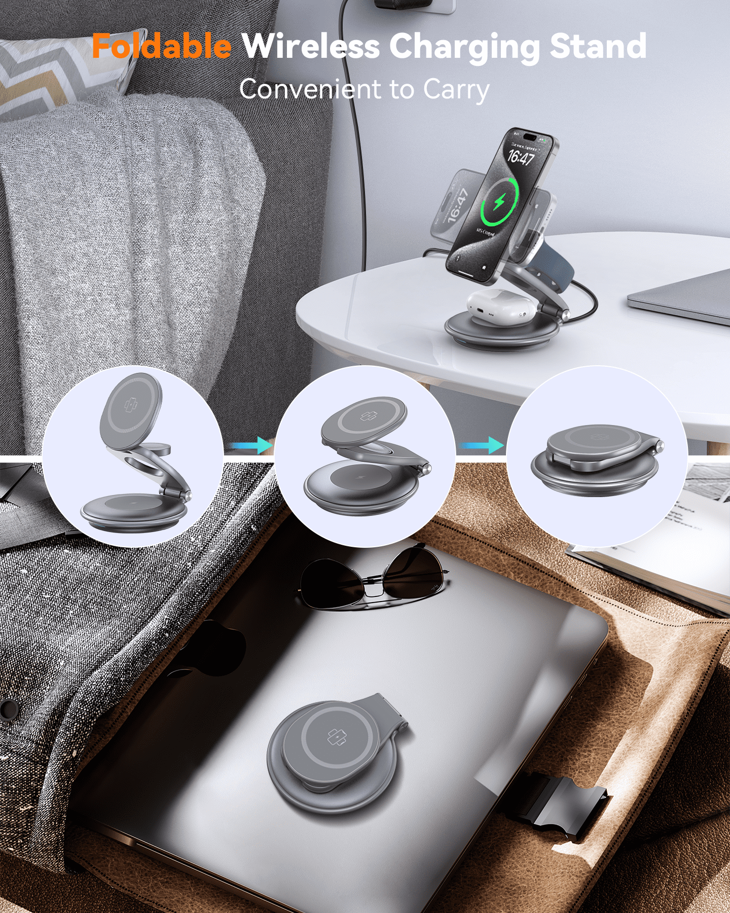 Magnetic Wireless Charger for Apple Devices - Foldable 3 in 1 Fast Charging Station for iPhone 15 14 13 12 Pro/Max/Plus/Mini, AirPods Pro/3/2, iWatch 9/8/7/6/SE/5/4/3/2(Grey)