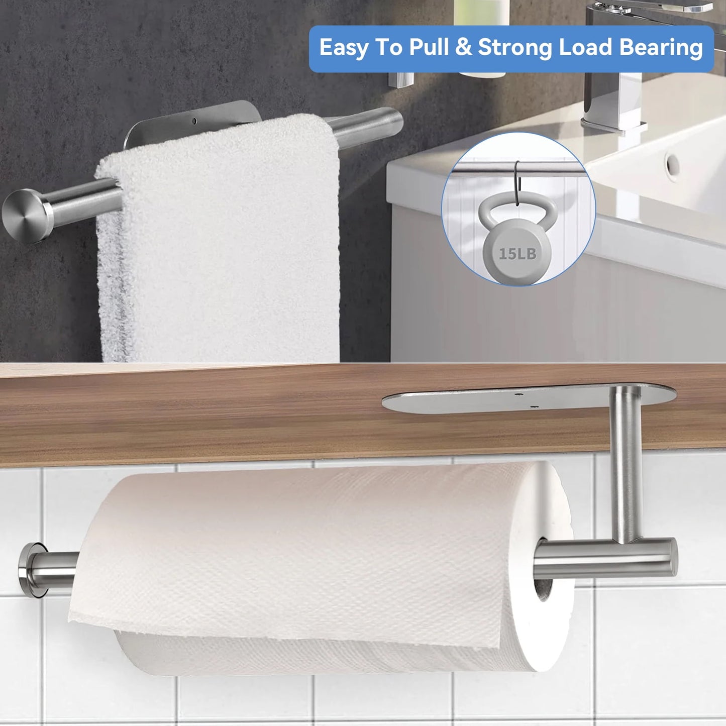 TORIO Rustproof Stainless Steel Paper Towel Holder,Self-Adhesive & Screw Mount, Modern Design for Kitchen & Bathroom