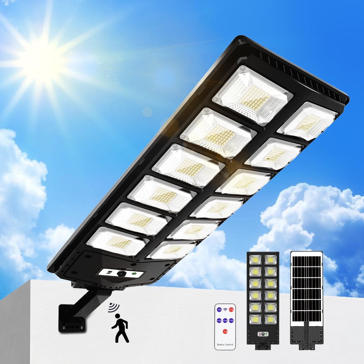 IJIL Solar Street Lights Outdoor - 7000K Waterproof Motion Sensor LED Solar Parking Lot Lights with Remote for Yard Outside