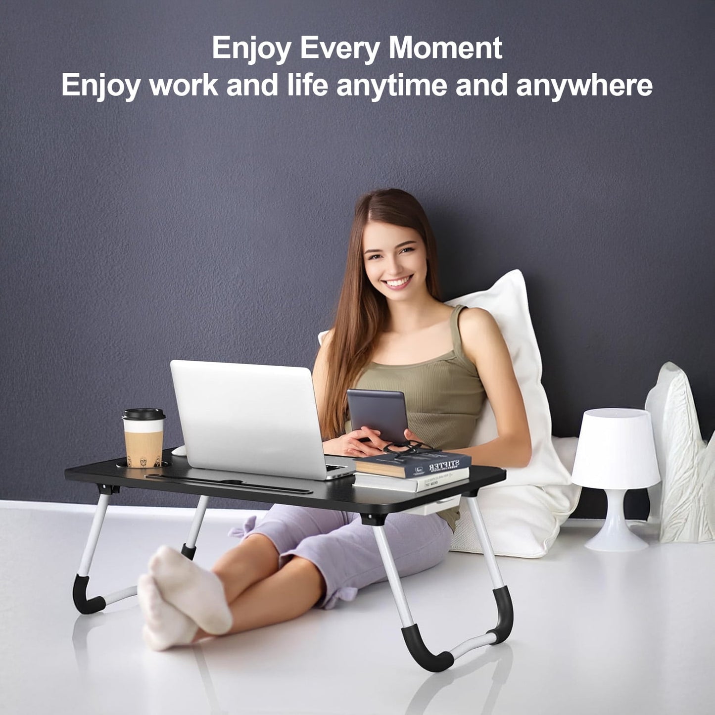 Foldable Lap Desk, 23.6 Inch Portable Wood Laptop Desk for Bed Sofa Reading Writing Eating Watching, Black