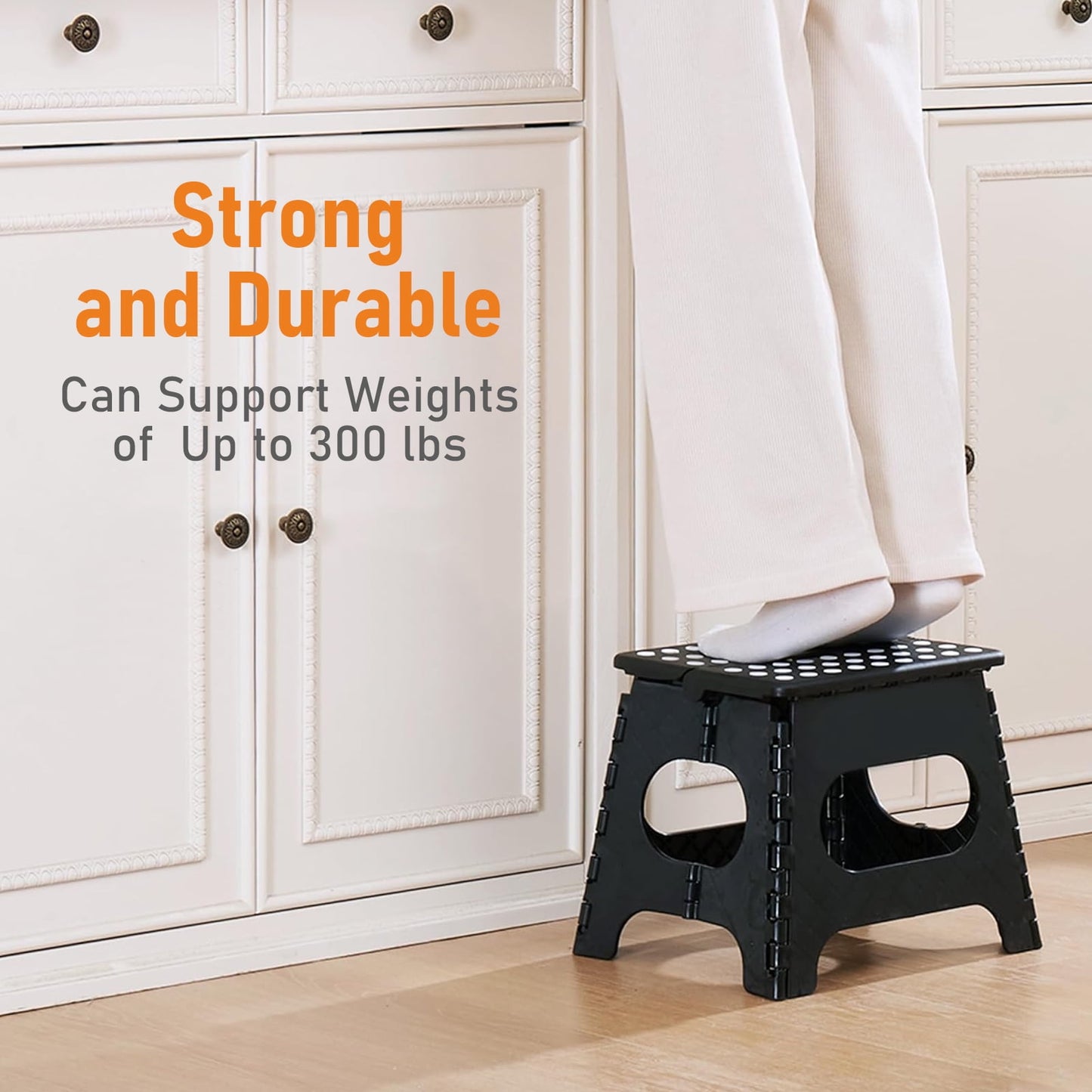 Kailwokk Folding Step Stool, 9'' Non-Slip Foldable Step Stool with Portable Handle for Adults and Kids Holds up to 300 lbs, Great for Kitchen, Bathroom or Bedroom (Black)