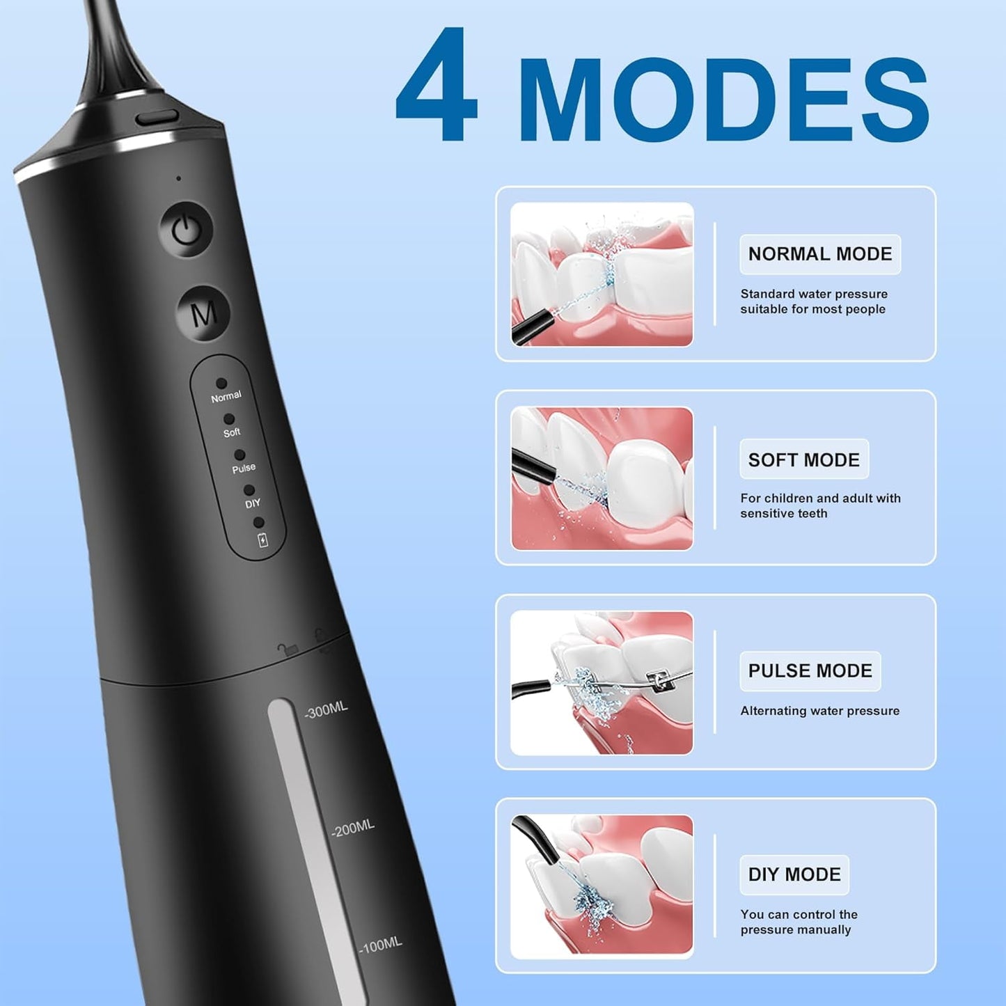 Water Dental Flosser Cordless for Teeth Cleaning Professional - 4 Modes Oral Irrigator 300ML Rechargeable Portable IPX7 Waterproof Powerful Battery for Home Travel