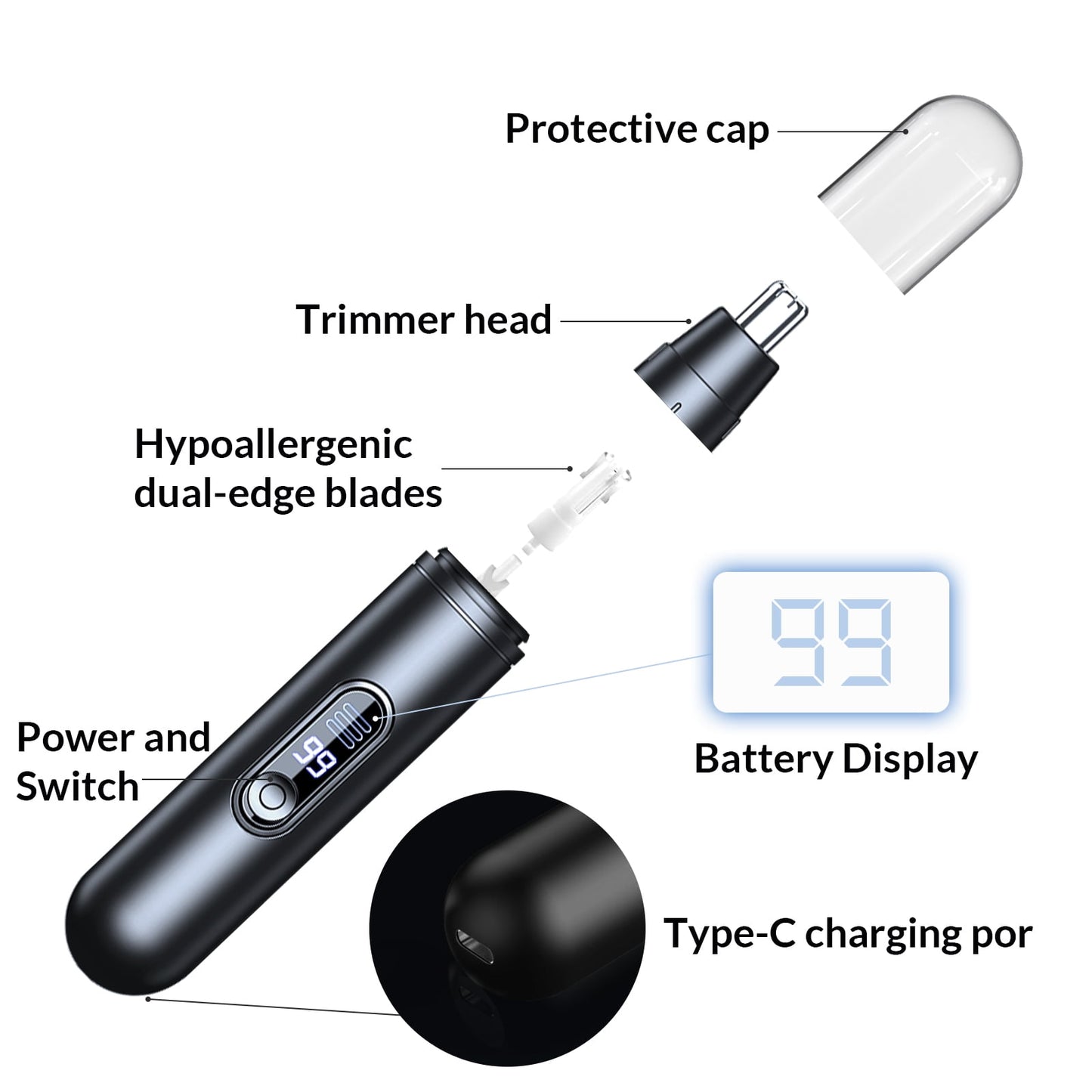 Ear and Nose Hair Trimmer for Men Women, Painless USB Rechargeable Nose Hair Trimmer Clipper, Waterproof Dual Edge Blades Nasal Trimmer Nose Clippers for Easy Cleansing (Black)