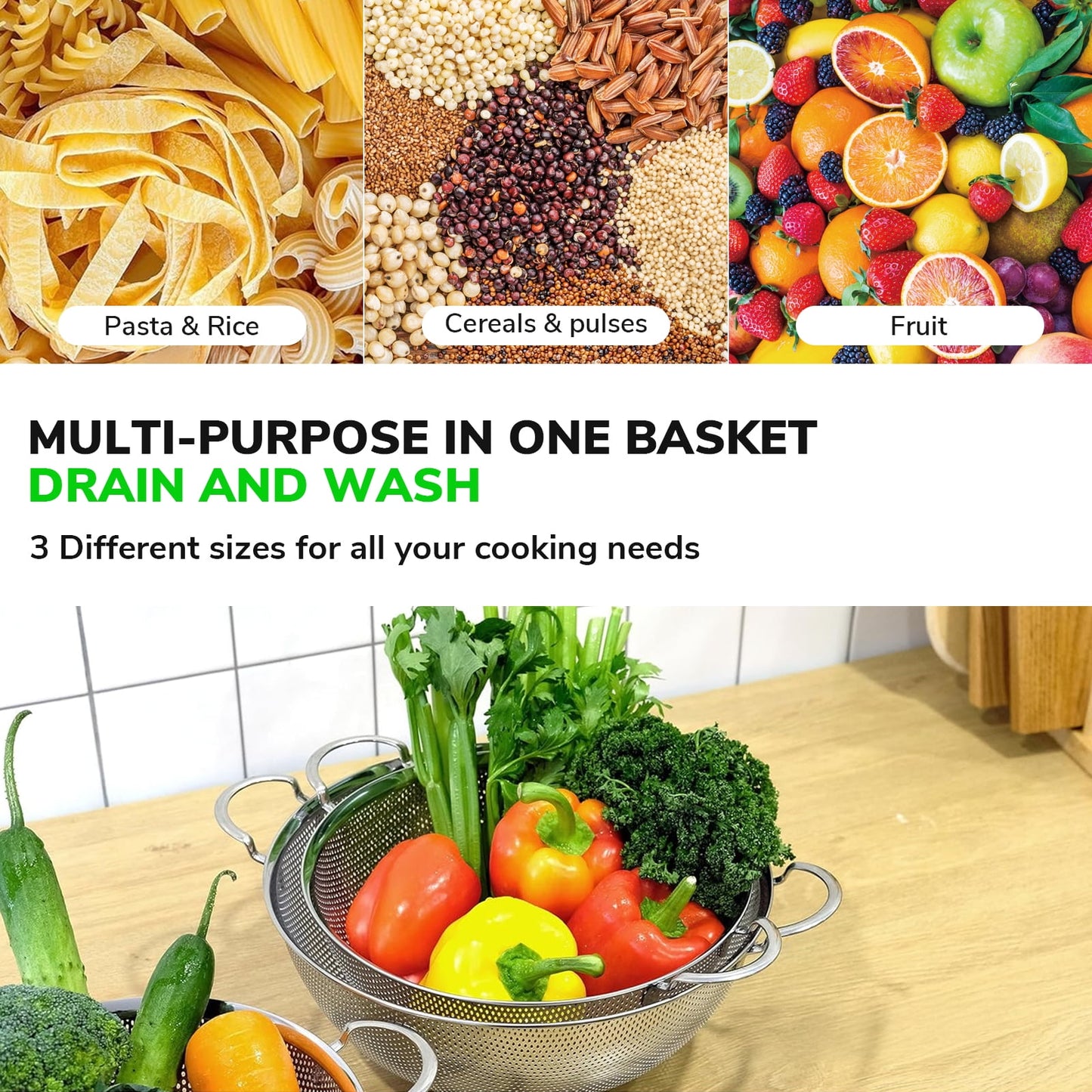 Kailwokk 3 Pcs Steel Strainer Set,Handle Micro-Perforated Colander Strainers for Draining Rinsing Pasta Vegetables Fruits - 3/5/8 Quart