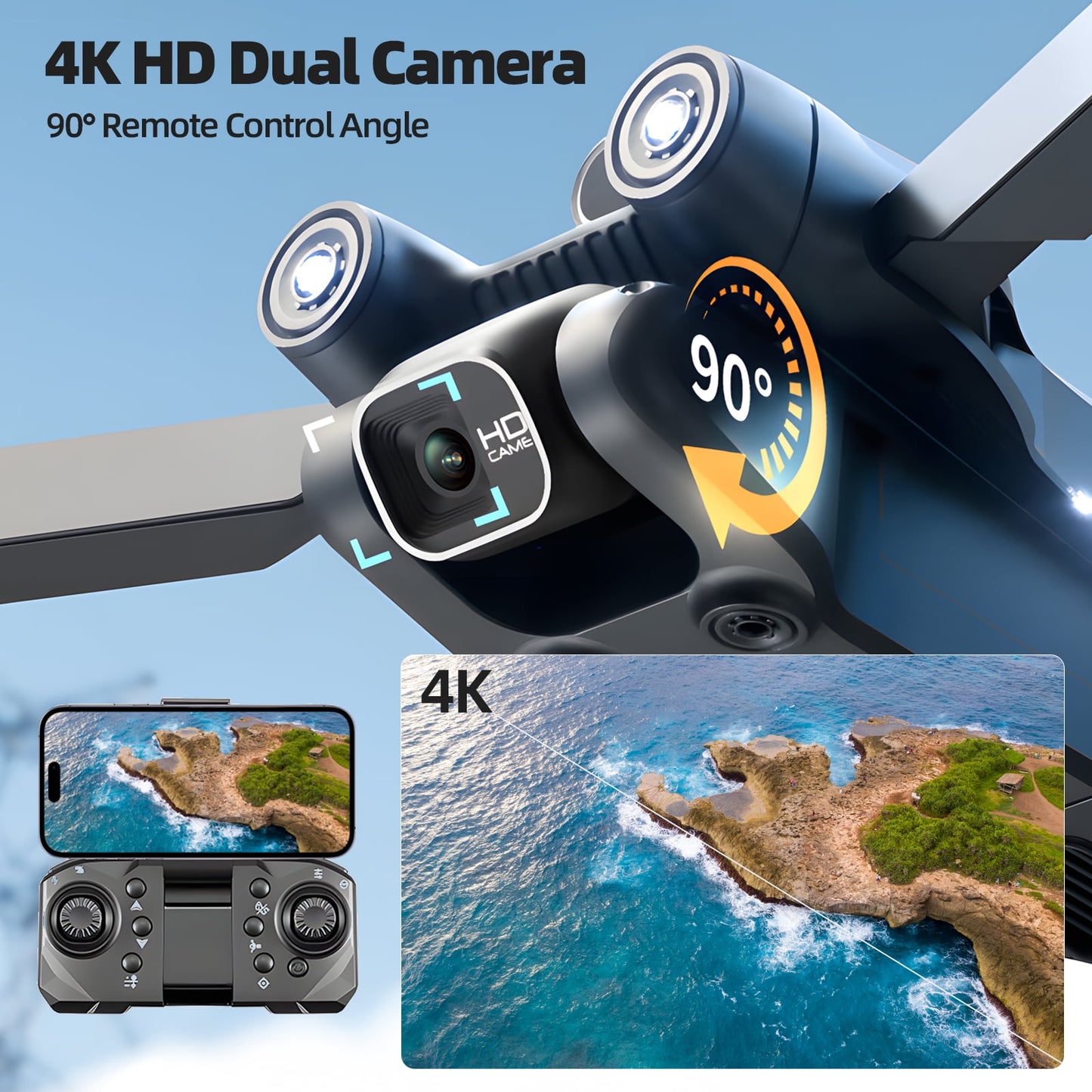 Mini Drone with Camera - Drones for Adults Kids, 4K HD Foldable Drone with Stable Hover, Auto-Follow, Trajectory Flight, Gravity Control, 90° Adjustable Lens,2 Batteries,Toy for Boys 8-15