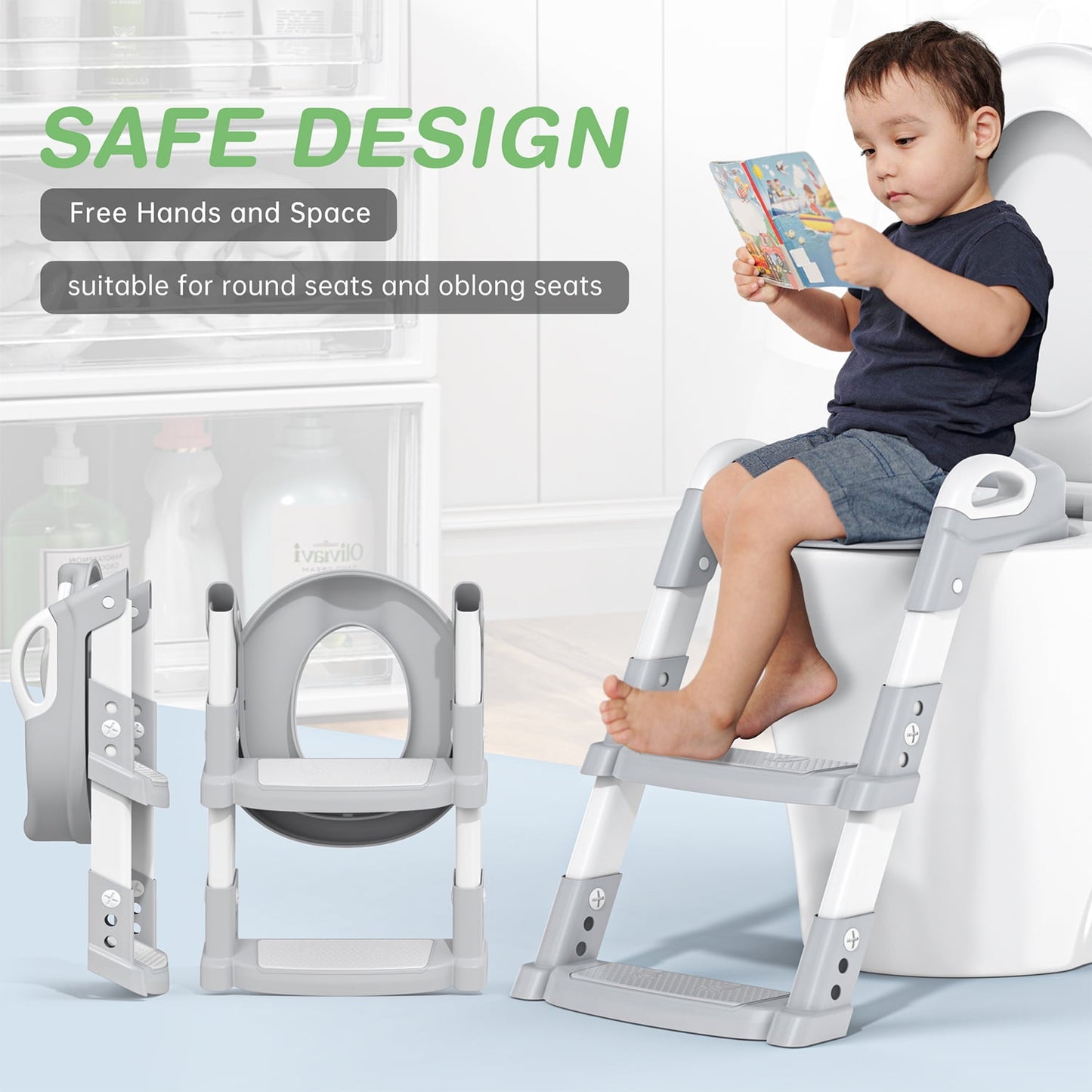 Potty Training Seat, Toddler Step Stool, 2 in 1 Potty Training Toilet for Kids, Baby Seat with Splash Guard and Anti-Slip Pad for Boys Girls Potty Training, Grey