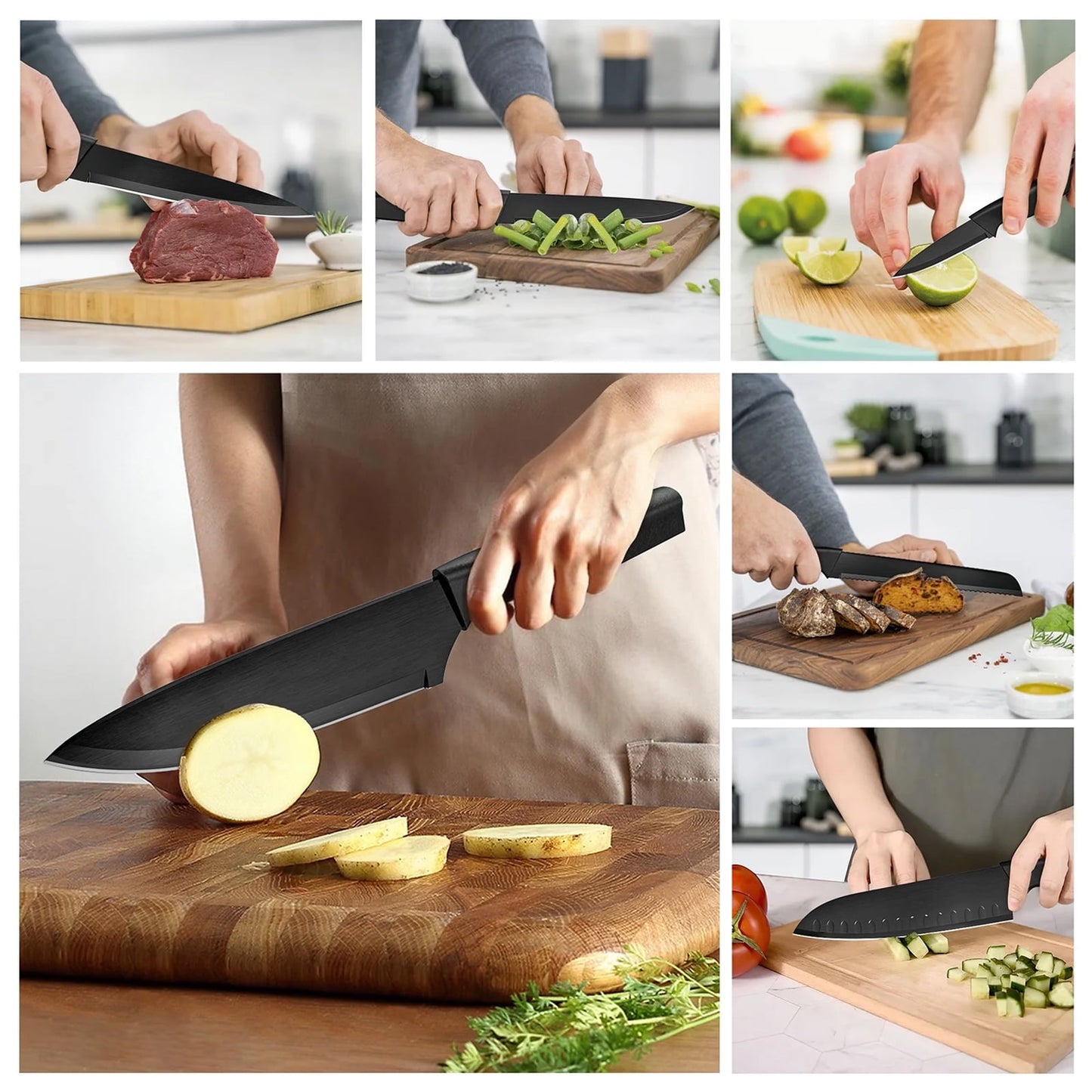 Kailwokk Kitchen Knife Set, 13 Pcs Stainless Steel Chef Knife Sets with Sharpener & 6 Blade Guards, Non-stick Coating, Dishwasher Safe, Perfect Gifts for Kitchen