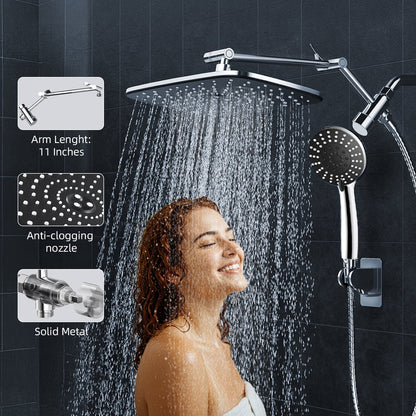 IJIL 12" Rain Shower Head, Handheld Spray Combo 6 Settings Adjustable High Pressure Dual Showerhead Silver Chrome