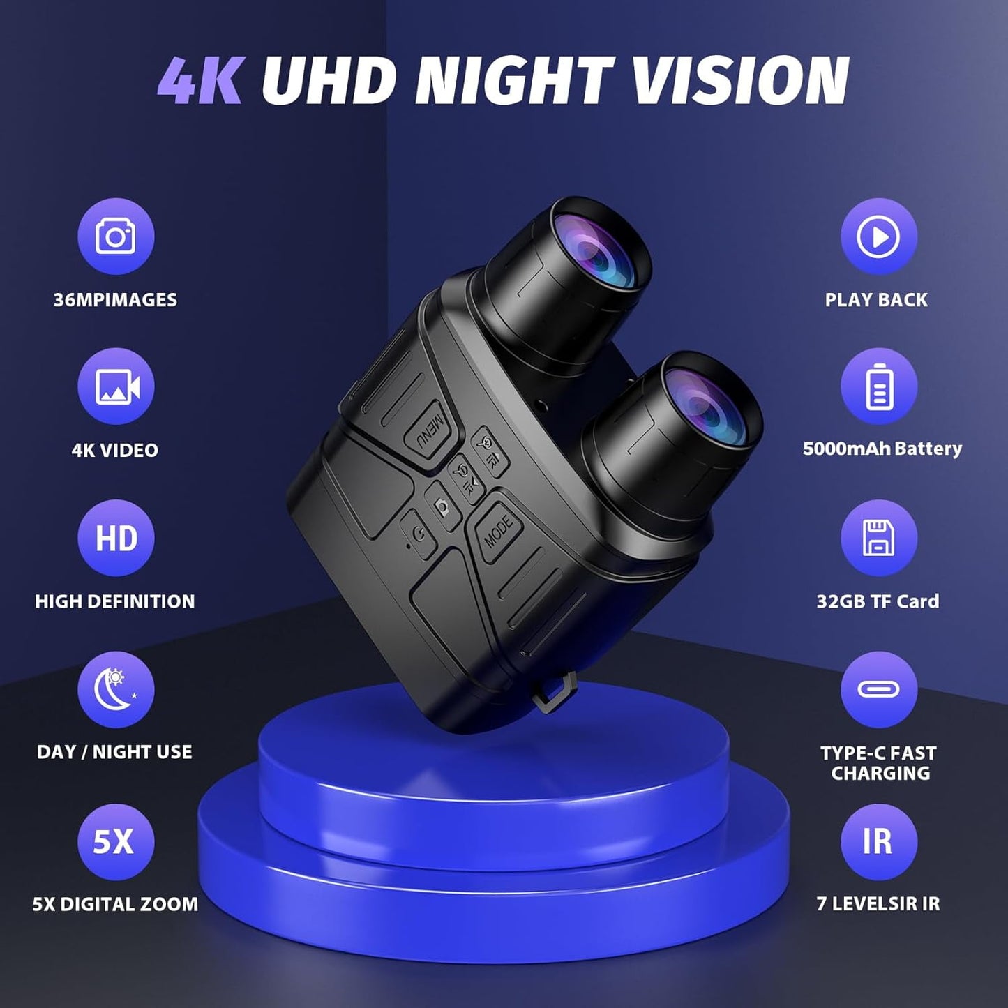 Night Vision Goggles, 4" HD Screen Binoculars, 4K Night Vision Binoculars, 4000mAh Battery Gray, 9 Gear Infrared with 32GB TF Card, 10X Digital NightVision for Adults（Colorful）